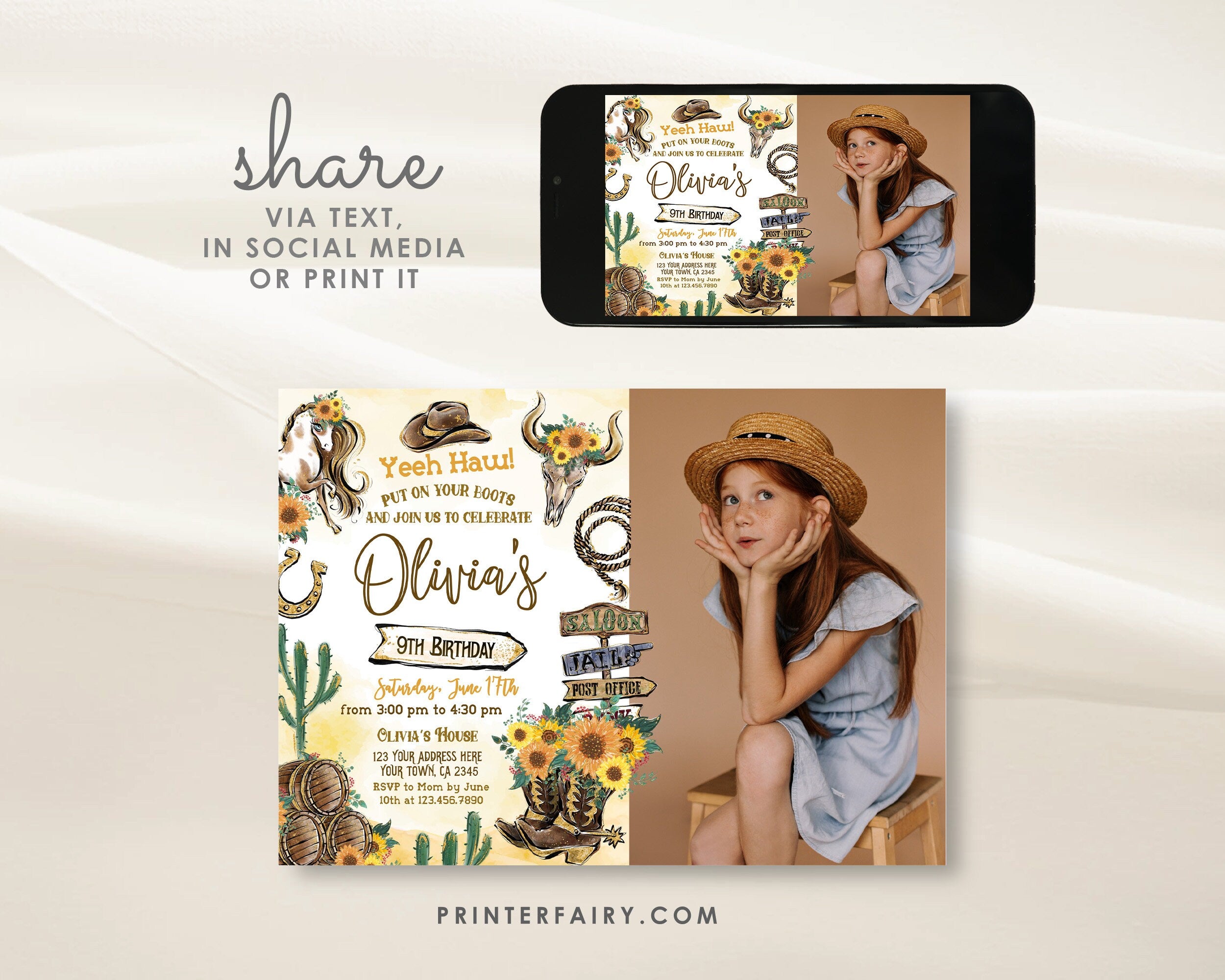 Cowgirl Photo Birthday Invitation: Wild West Rodeo (Instant Download)