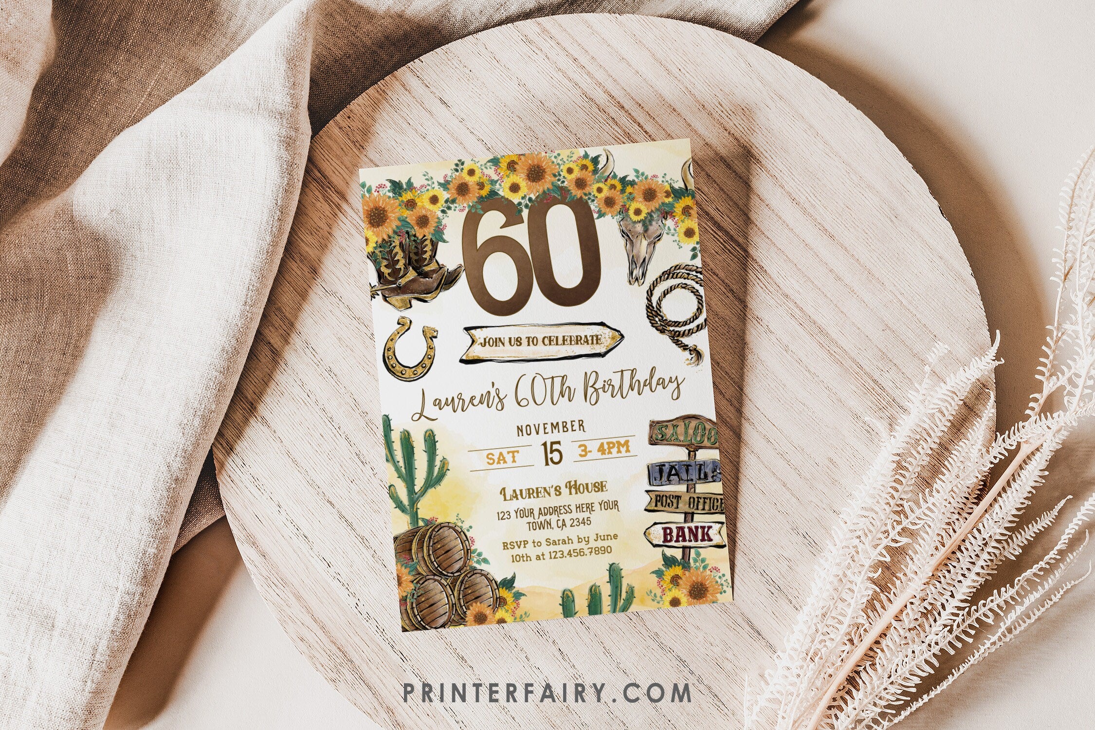 Cowgirl 60th Birthday Invitation: Rustic Wild West, Editable Template (Corjl)