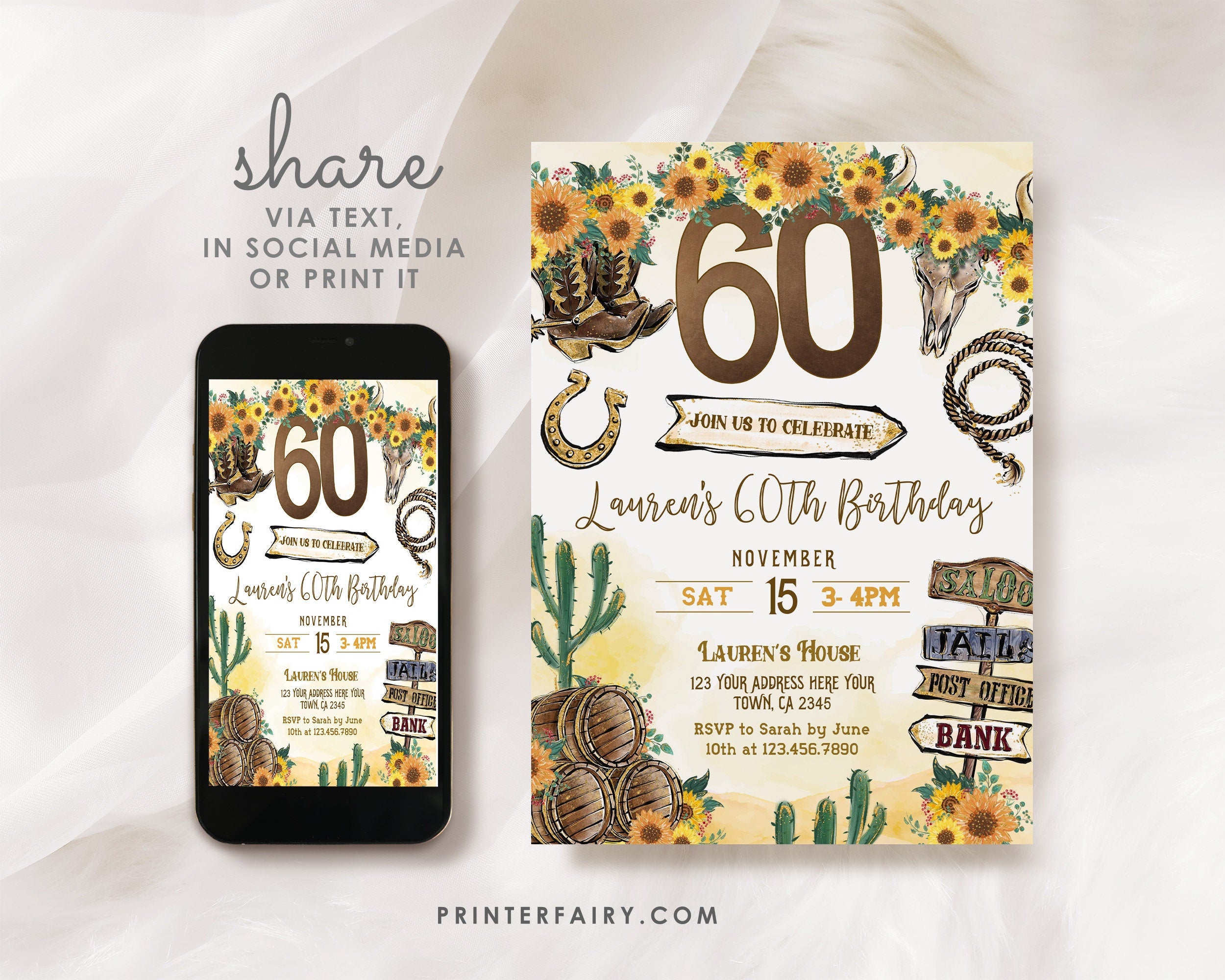 Cowgirl 60th Birthday Invitation: Rustic Wild West, Editable Template (Corjl)