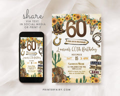 Cowgirl 60th Birthday Invitation: Rustic Wild West, Editable Template (Corjl)