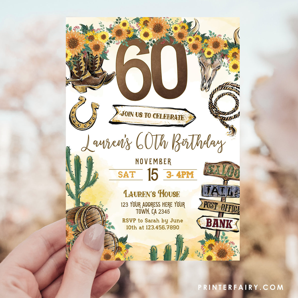 Cowgirl 60th Birthday Invitation: Rustic Wild West, Editable Template (Corjl)