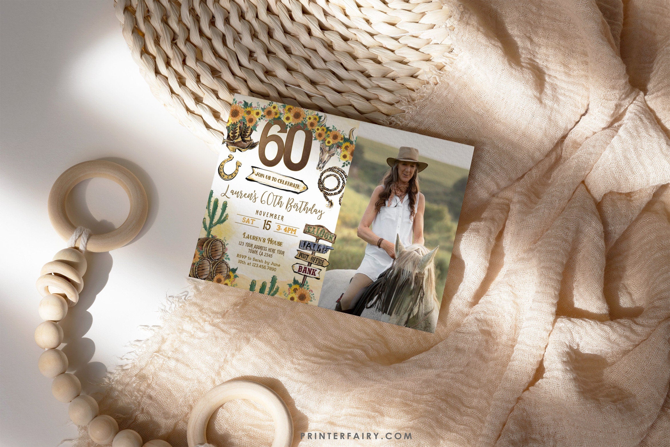 Rustic Cowgirl 60th Birthday Invitation with Photo (Digital Download)