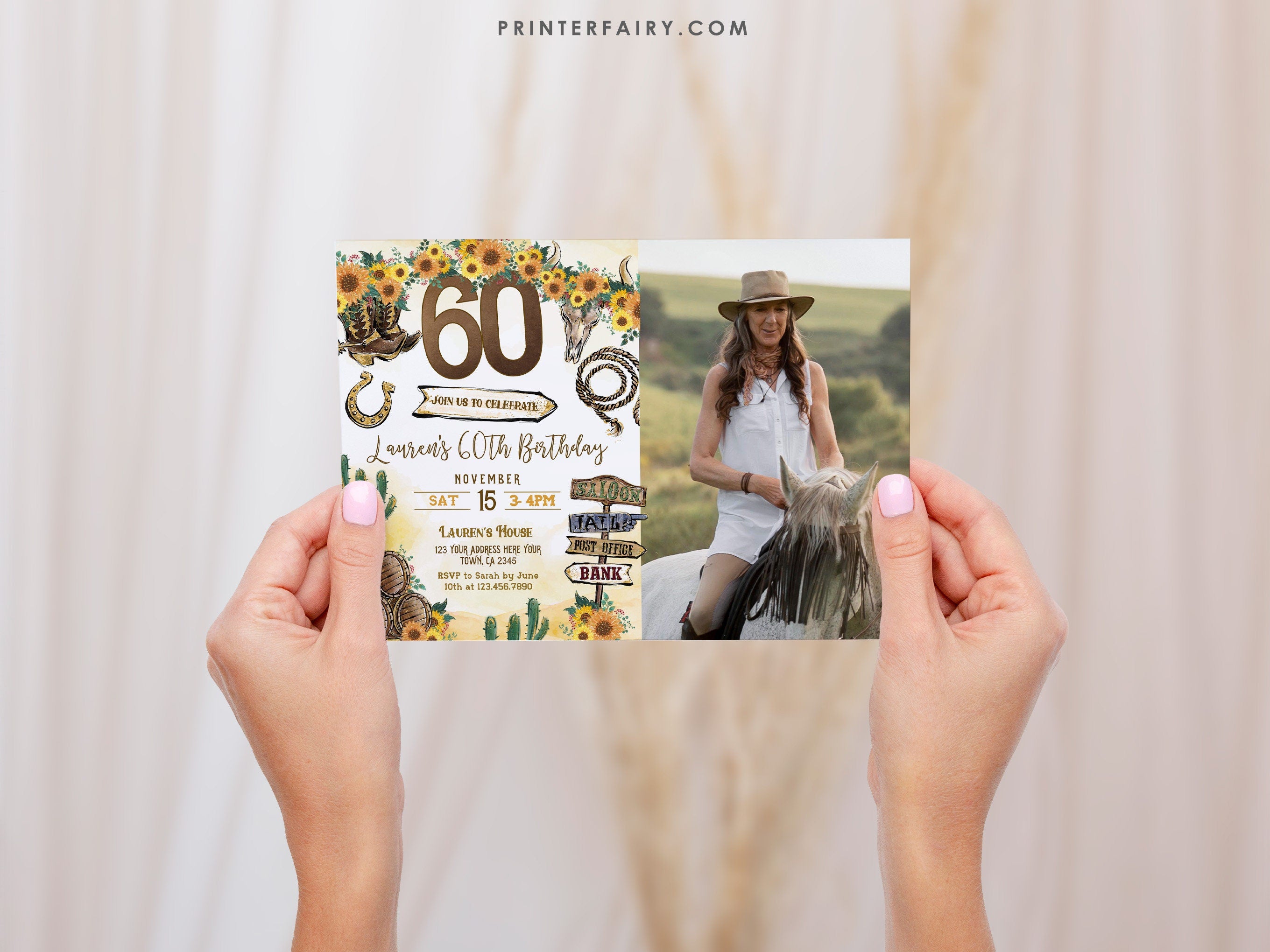 Rustic Cowgirl 60th Birthday Invitation with Photo (Digital Download)