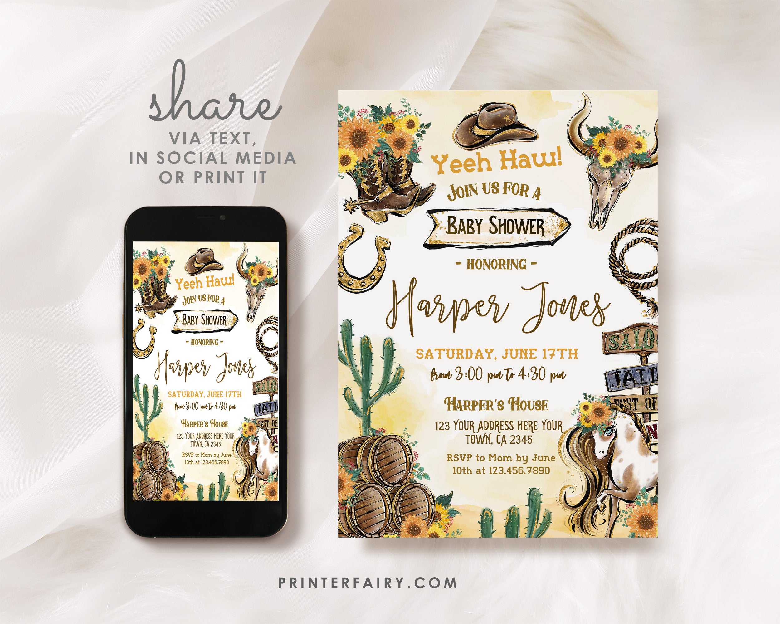 Rustic Cowgirl Baby Shower Invitation: Rodeo Western Theme (Editable, Digital Download)
