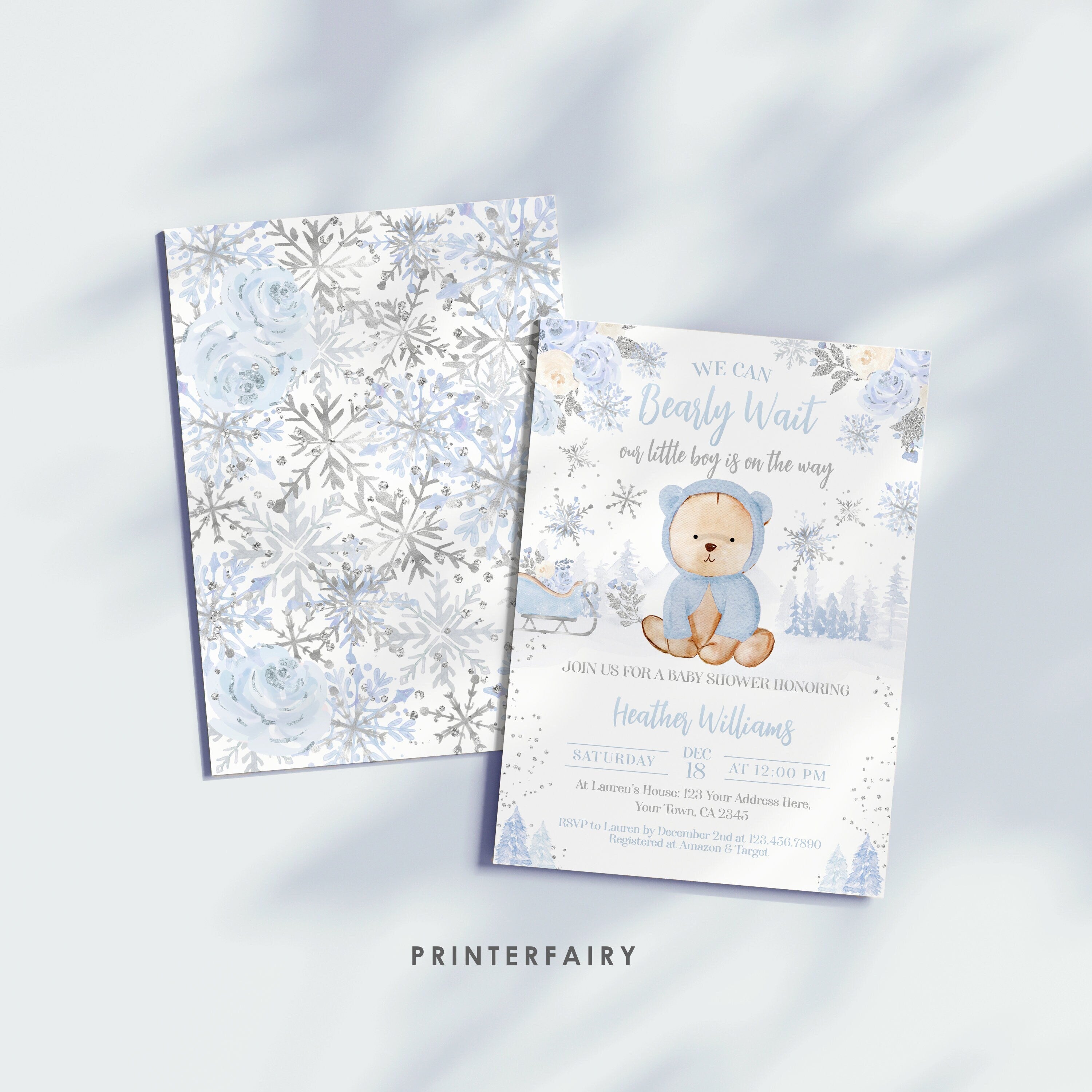 Bear Baby Shower Invitation Editable Template, Winter Shower, Instant Download