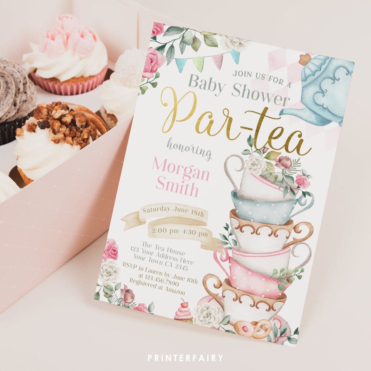 Wonderland Tea Party Baby Shower Invitation, Editable Par-Tea Invite (Digital Download)