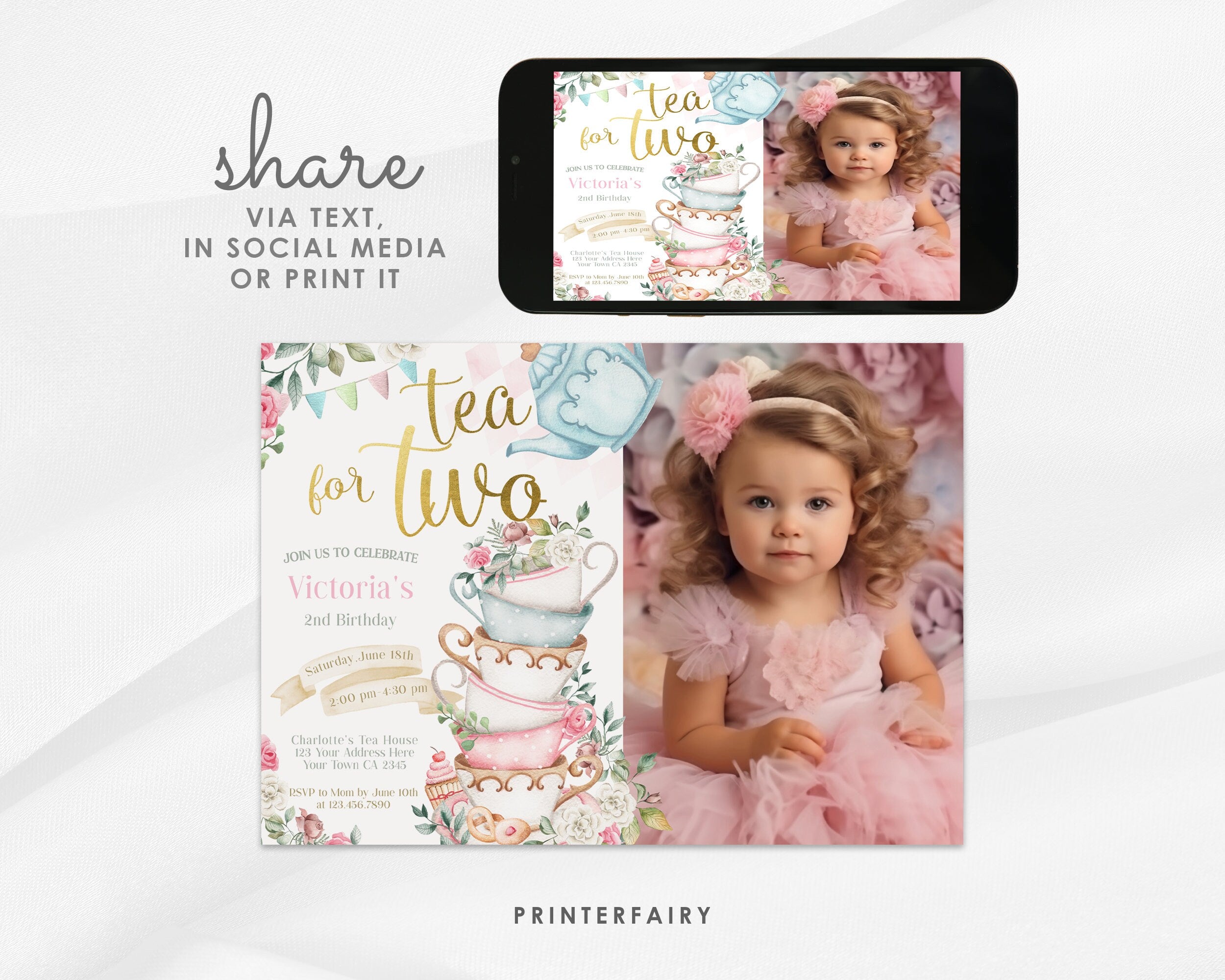 Tea Party Photo Invitation, Wonderland Birthday, Editable Corjl Template