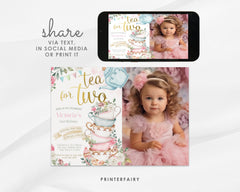 Tea Party Photo Invitation, Wonderland Birthday, Editable Corjl Template
