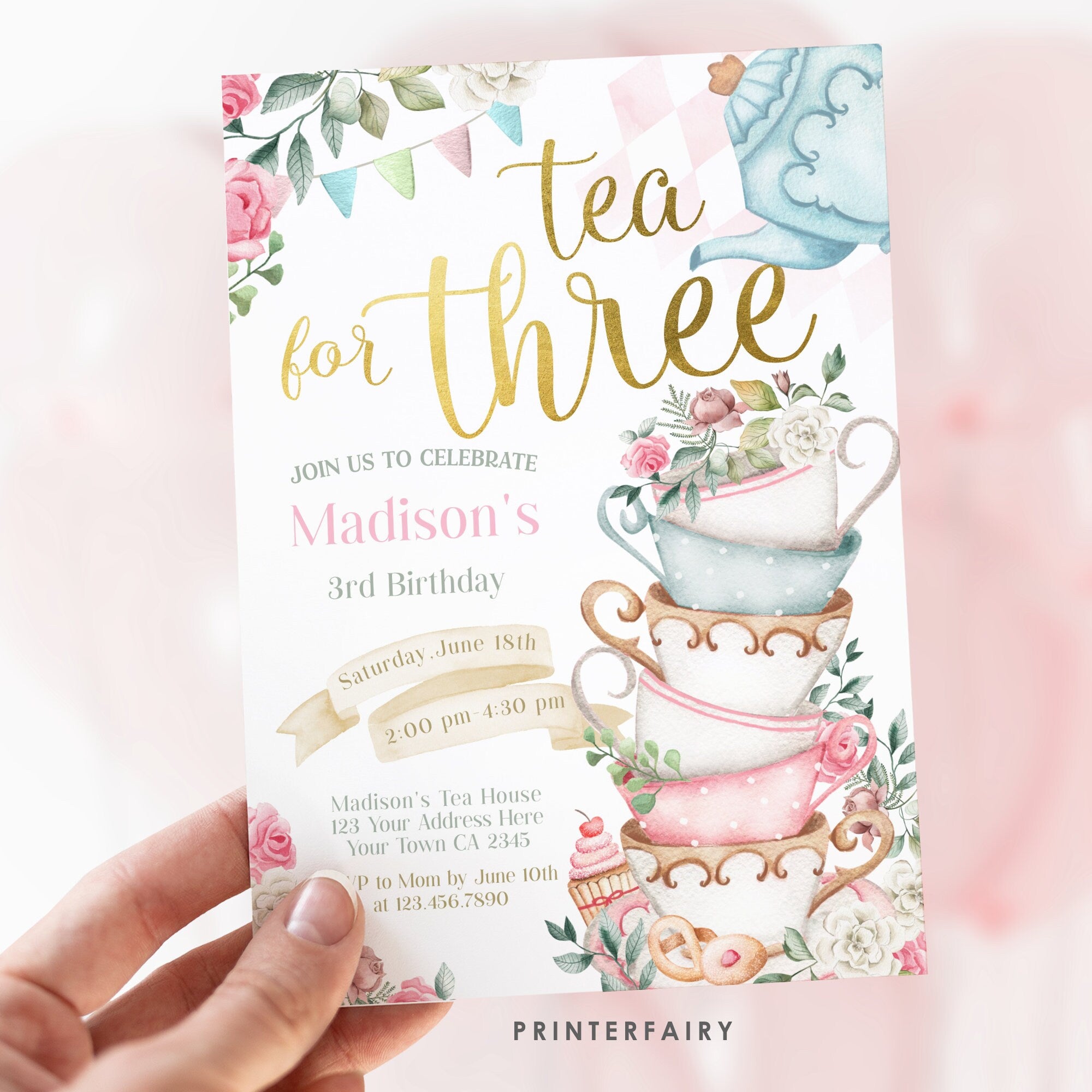 Tea for Three Birthday Invitation, Editable Wonderland Party (Digital Download)