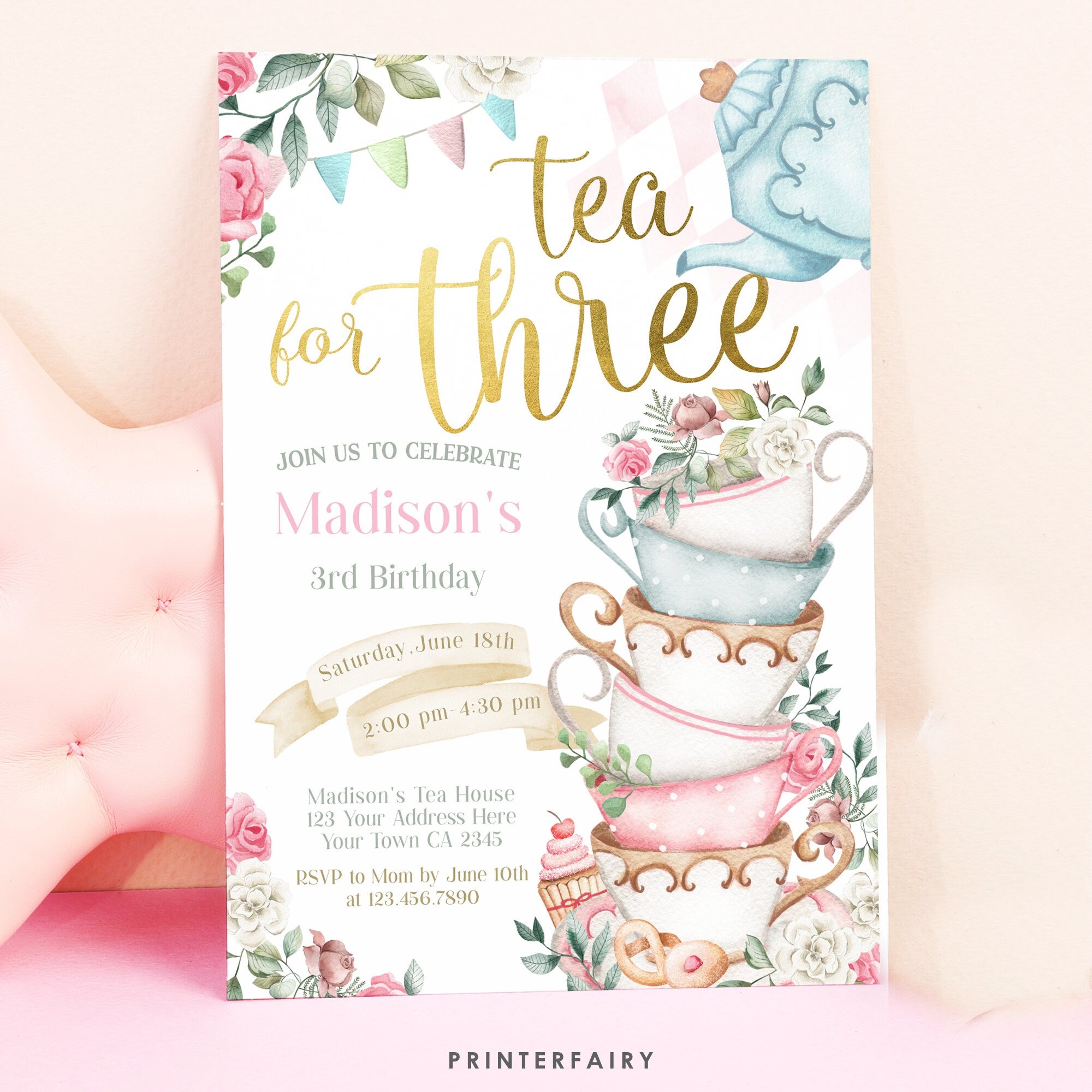 Tea for Three Birthday Invitation, Editable Wonderland Party (Digital Download)