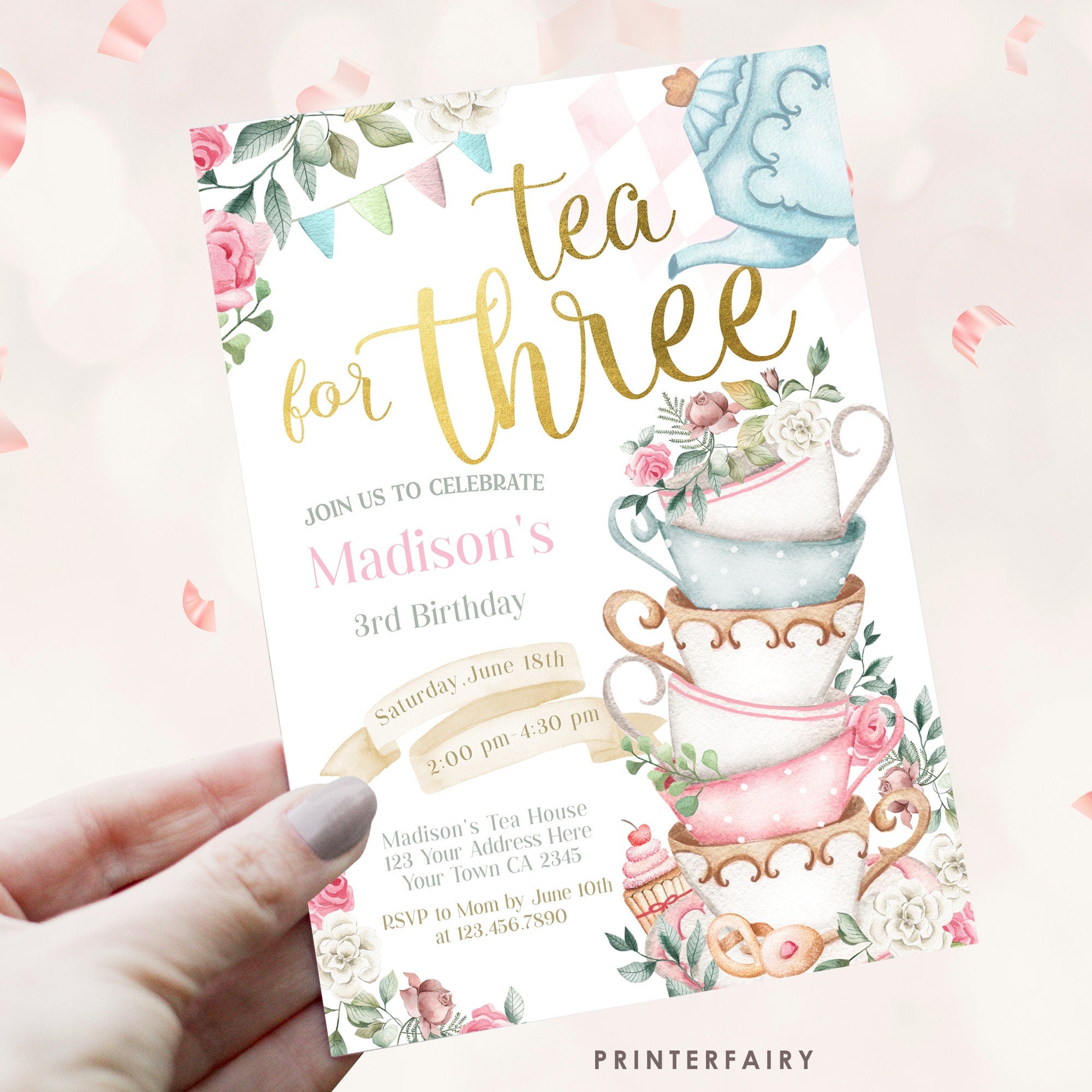 Tea for Three Birthday Invitation, Editable Wonderland Party (Digital Download)
