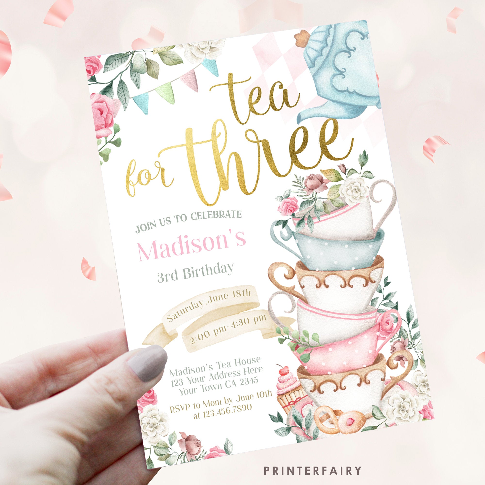 Tea for Three Birthday Invitation, Editable Wonderland Party (Digital Download)