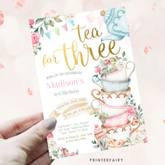 Tea for Three Birthday Invitation, Editable Wonderland Party (Digital Download)