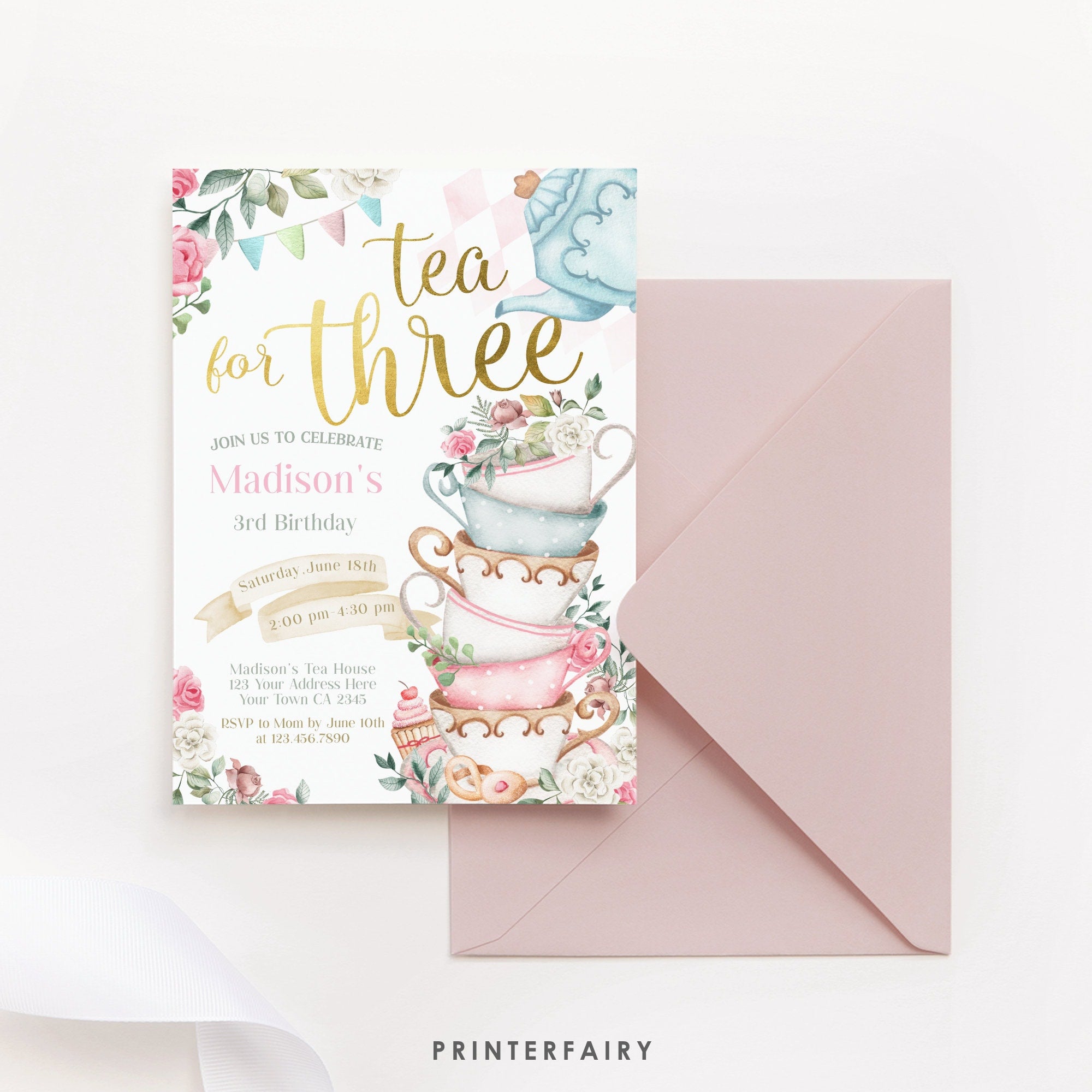 Tea for Three Birthday Invitation, Editable Wonderland Party (Digital Download)