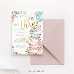 Tea for Three Birthday Invitation, Editable Wonderland Party (Digital Download)