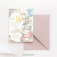 Tea for Three Birthday Invitation, Editable Wonderland Party (Digital Download)