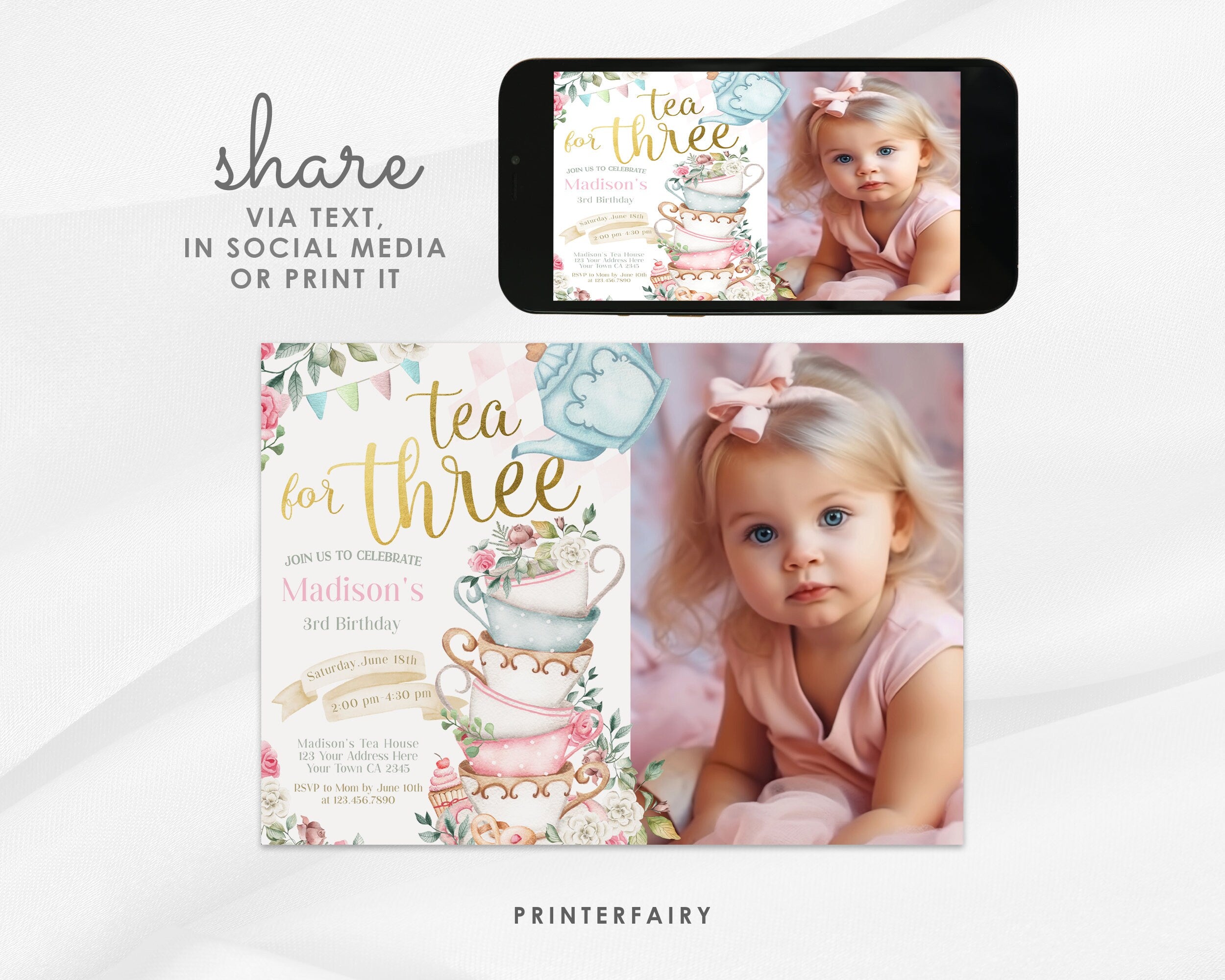 Tea Party Third Birthday Invitation, Wonderland Photo Invite (Editable in Corjl)