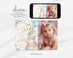 Tea Party Third Birthday Invitation, Wonderland Photo Invite (Editable in Corjl)