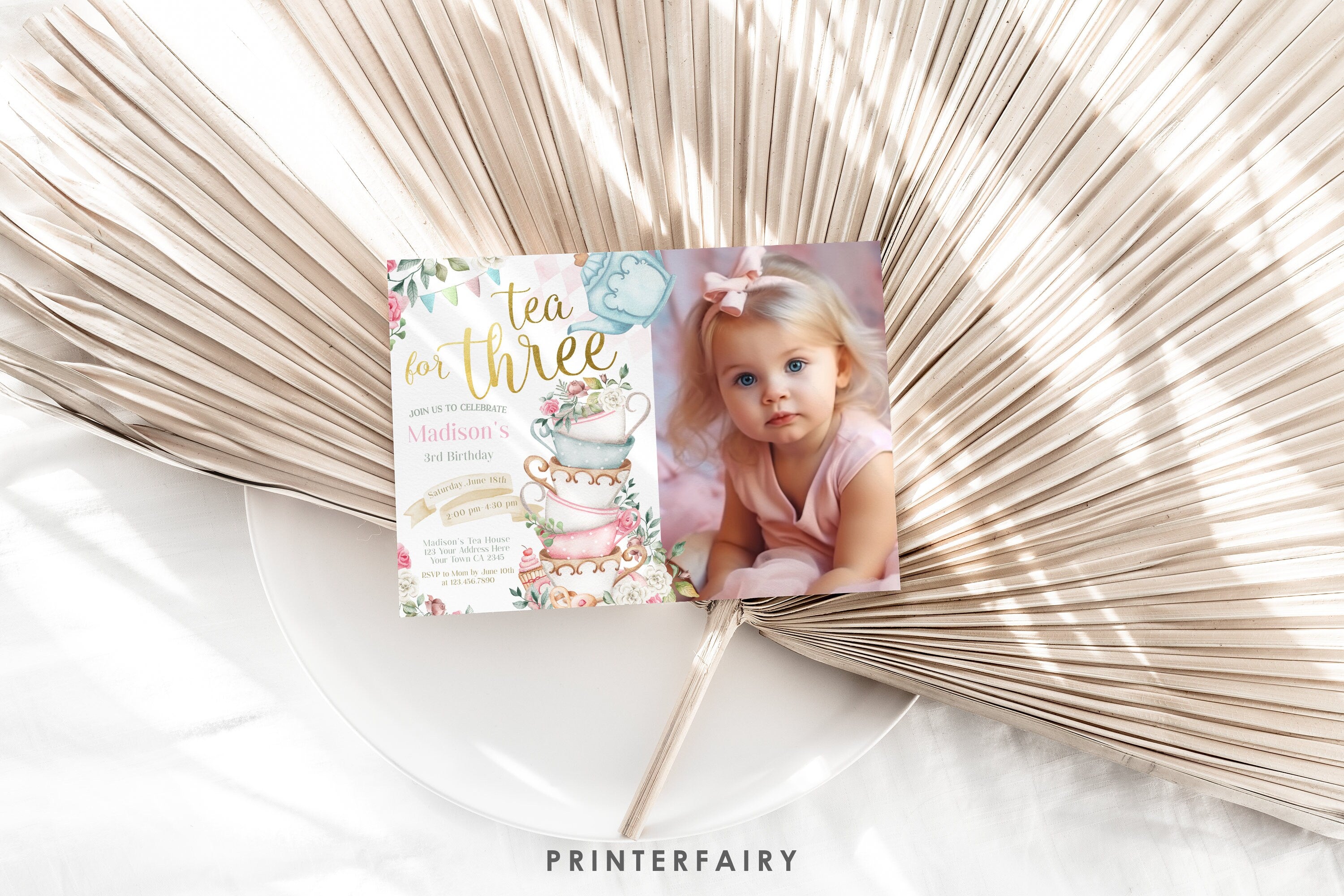 Tea Party Third Birthday Invitation, Wonderland Photo Invite (Editable in Corjl)