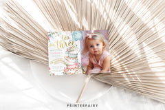 Tea Party Third Birthday Invitation, Wonderland Photo Invite (Editable in Corjl)