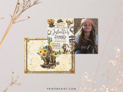 Cowgirl Birthday Invitation with Photo, Wild West Rodeo (Editable in Corjl)