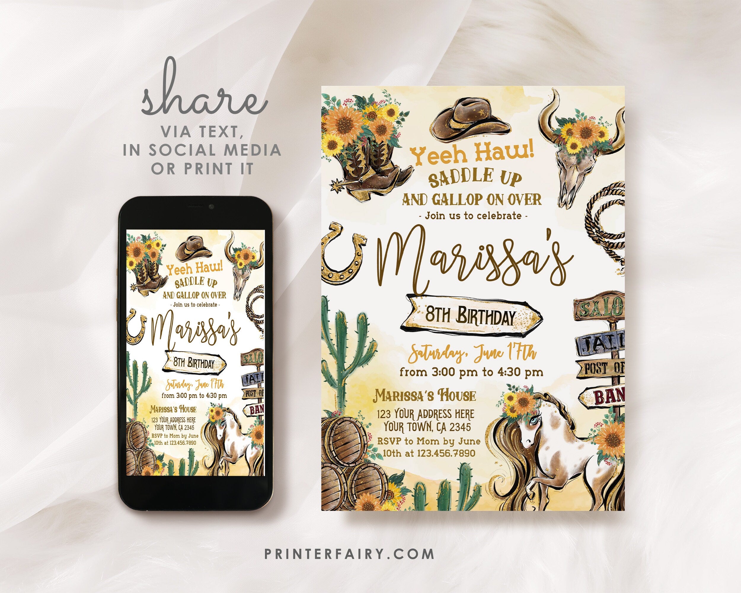 Cowgirl Birthday Invitation, Rustic Rodeo Party (Editable in Corjl)
