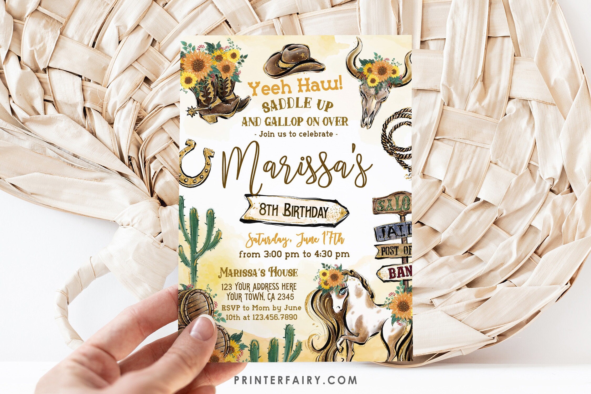 Cowgirl Birthday Invitation, Rustic Rodeo Party (Editable in Corjl)