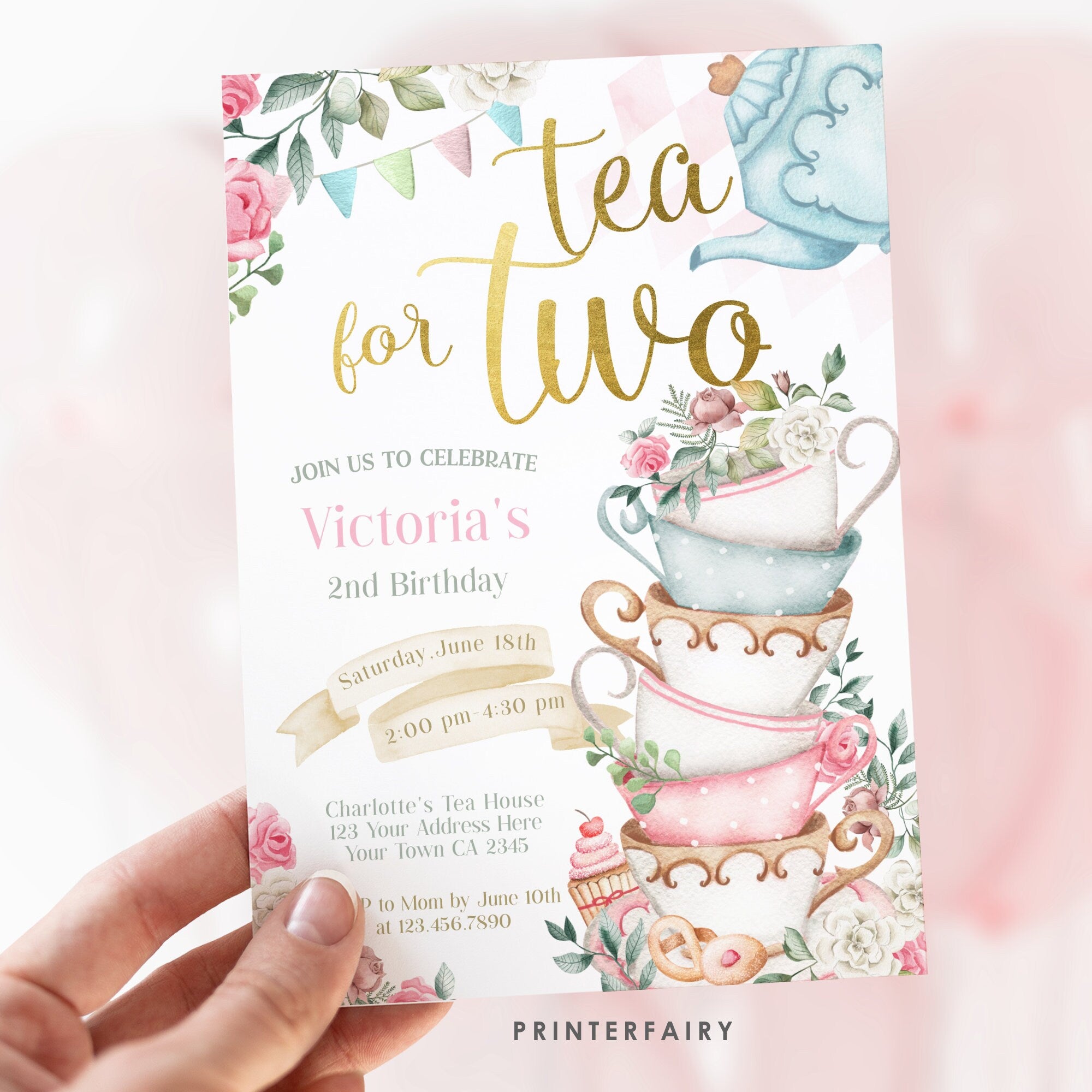 Alice in Wonderland Birthday Invitation, Tea Party, Editable in Corjl