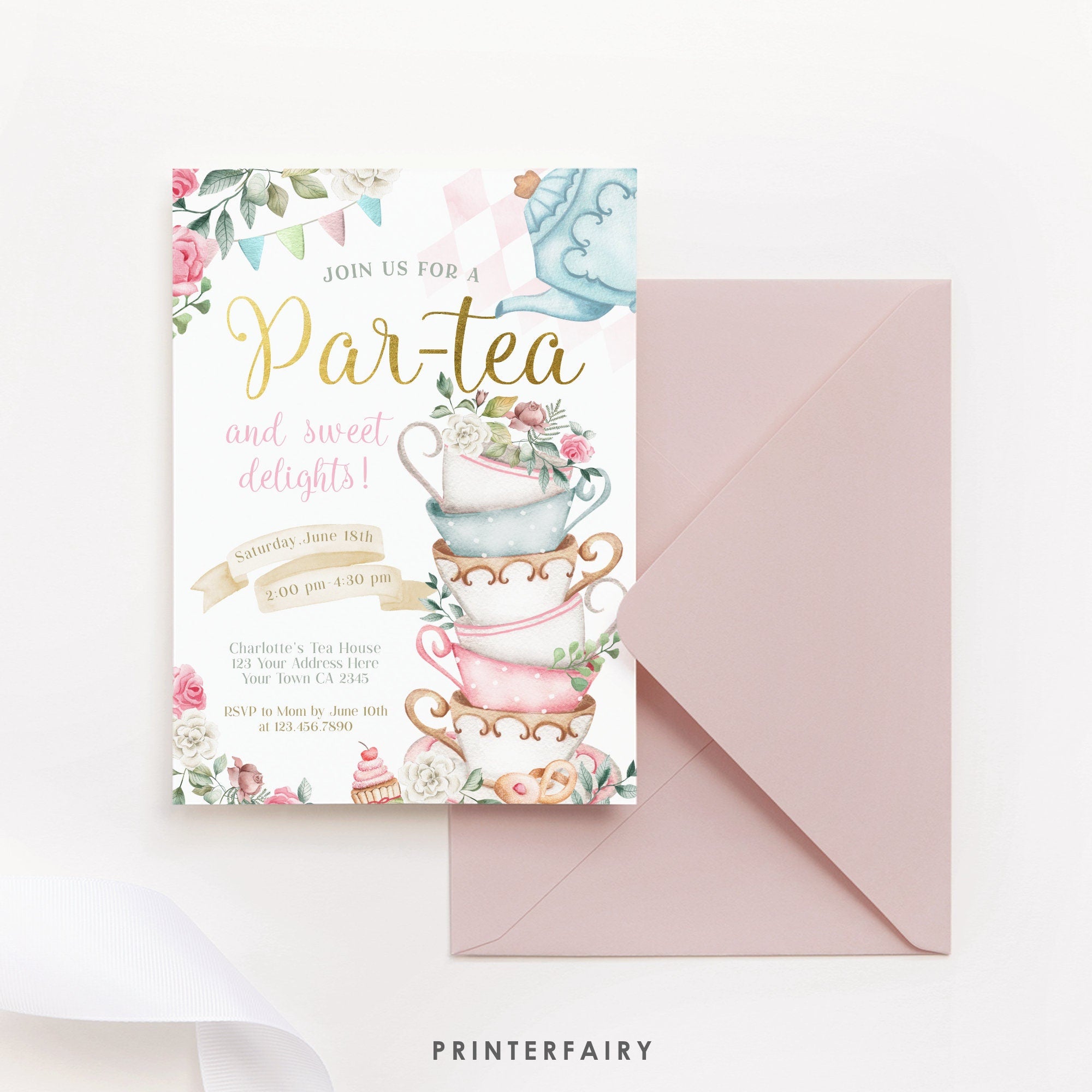 Alice in Wonderland Tea Party Invitation, Editable Birthday Invite (Digital Download)