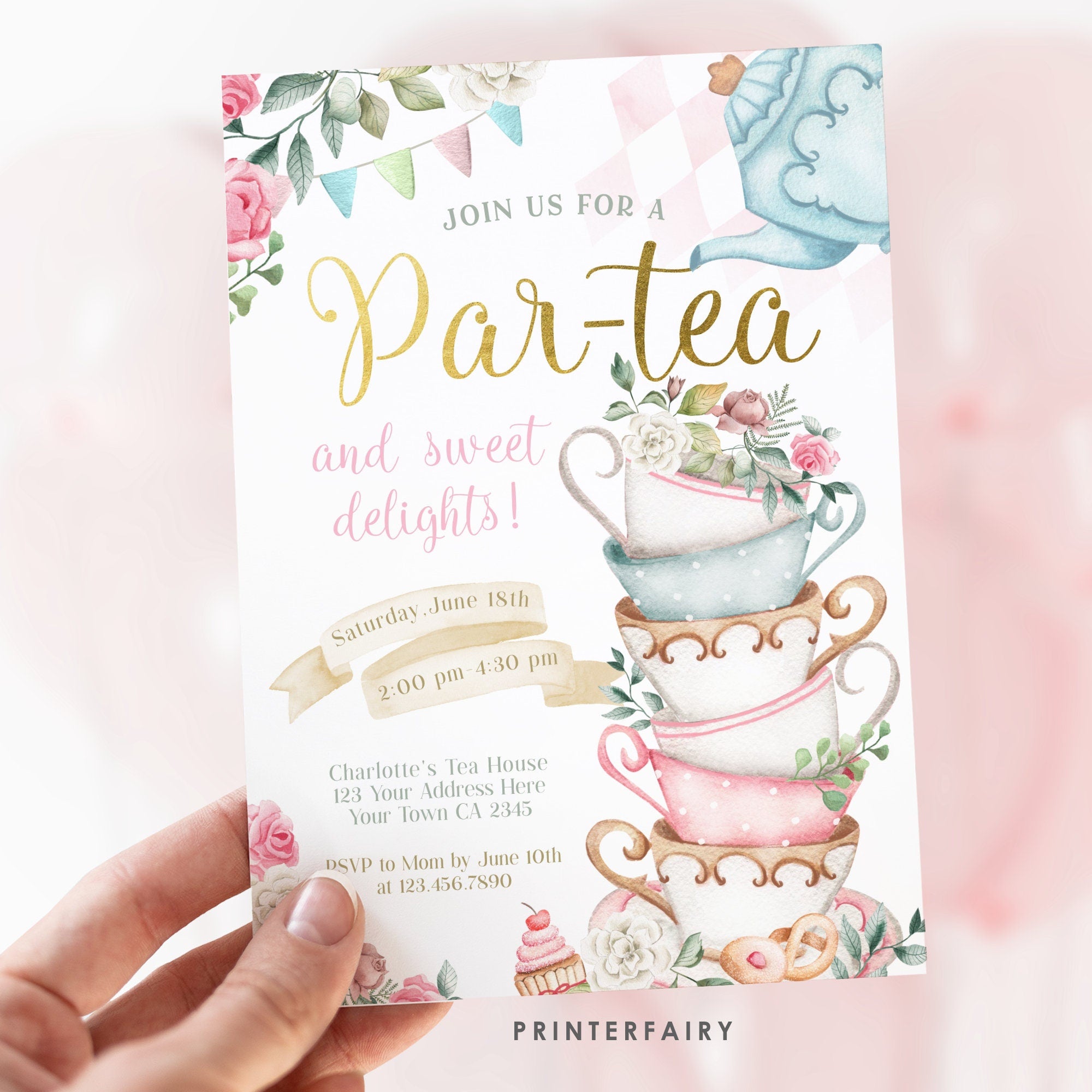 Alice in Wonderland Tea Party Invitation, Editable Birthday Invite (Digital Download)