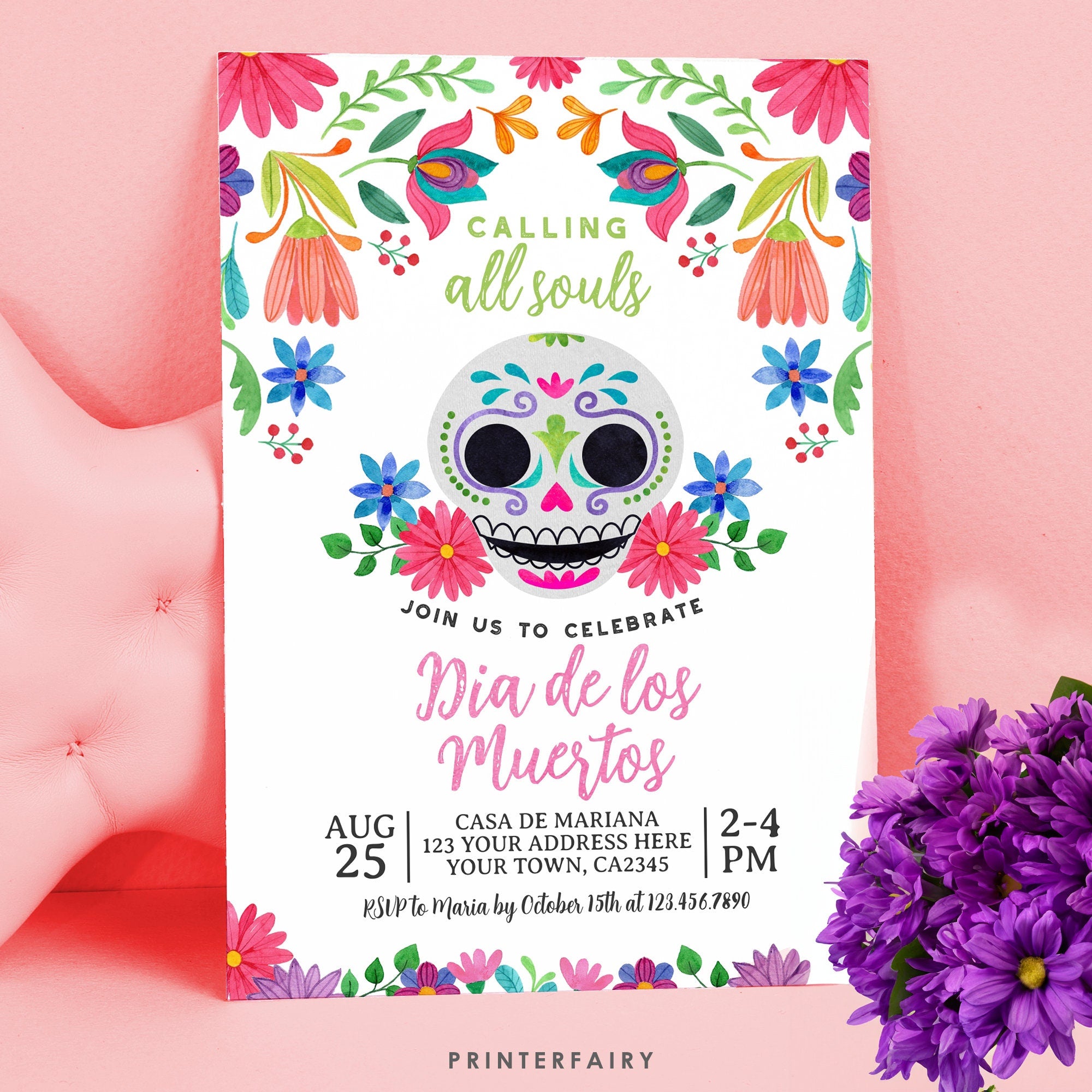 Editable Day of the Dead Invitation, Sugar Skull Fiesta (Digital)