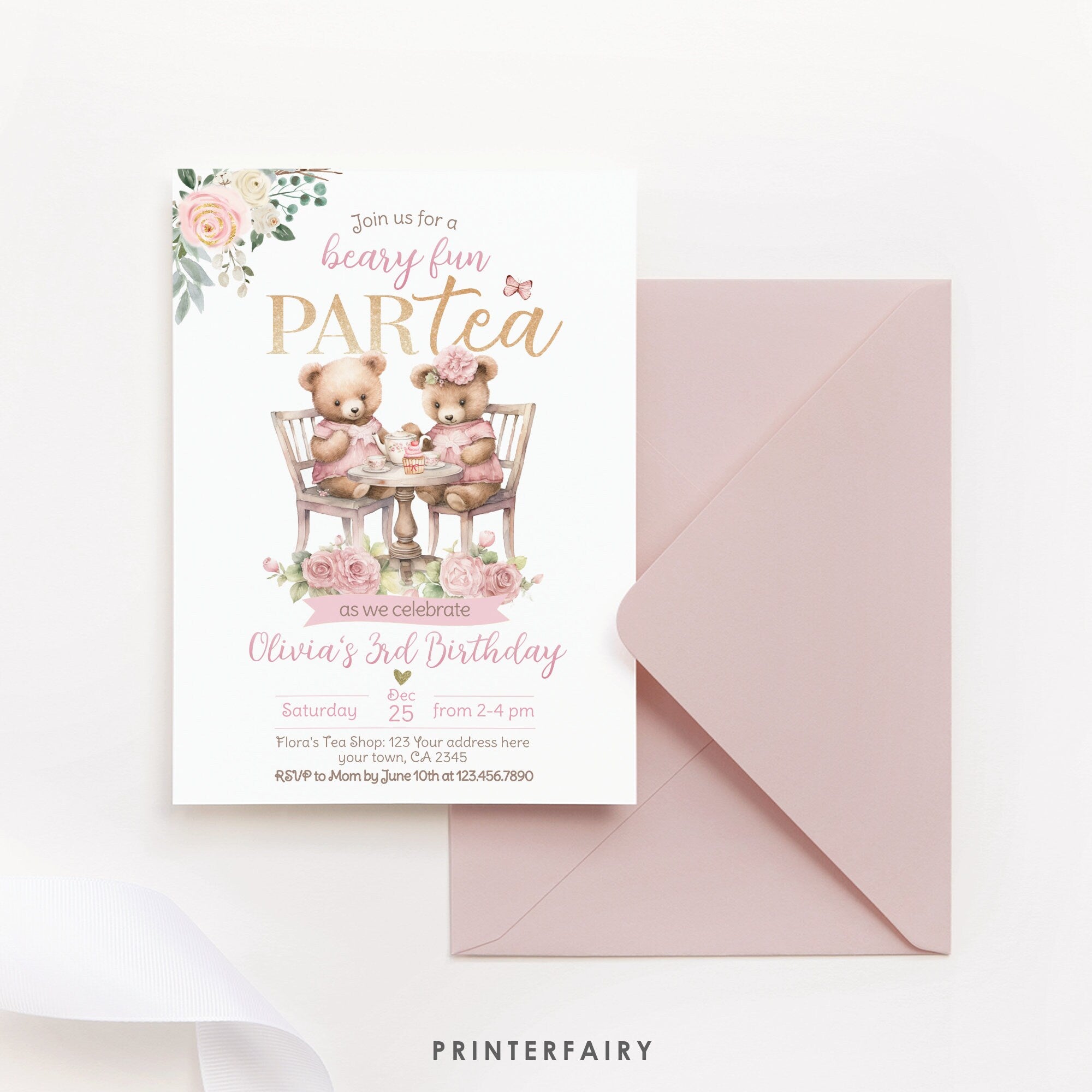 Tea Party with Bears Invitation, Birthday Party Invite, Bear Par-tea, Editable in Corjl.