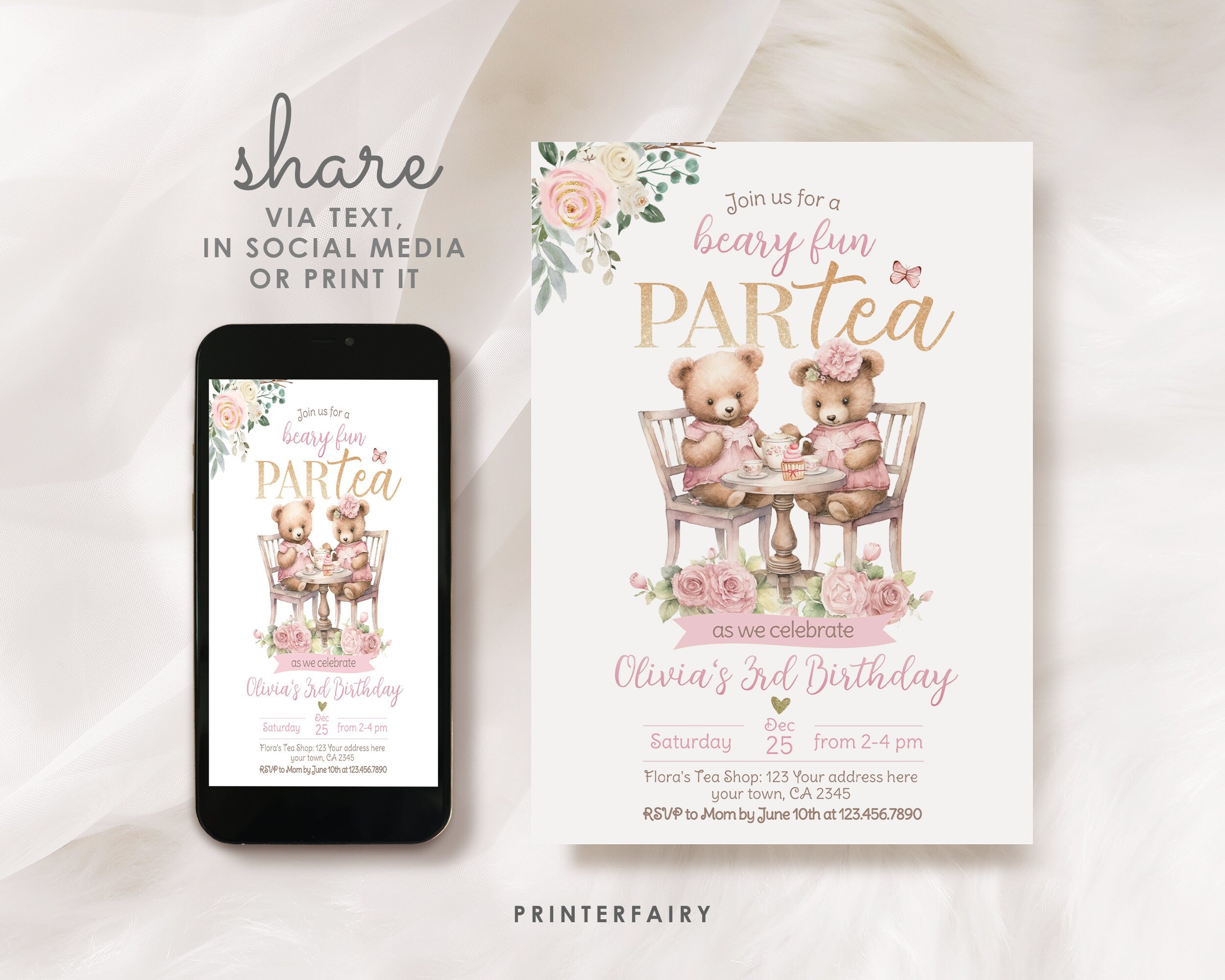 Tea Party with Bears Invitation, Birthday Party Invite, Bear Par-tea, Editable in Corjl.