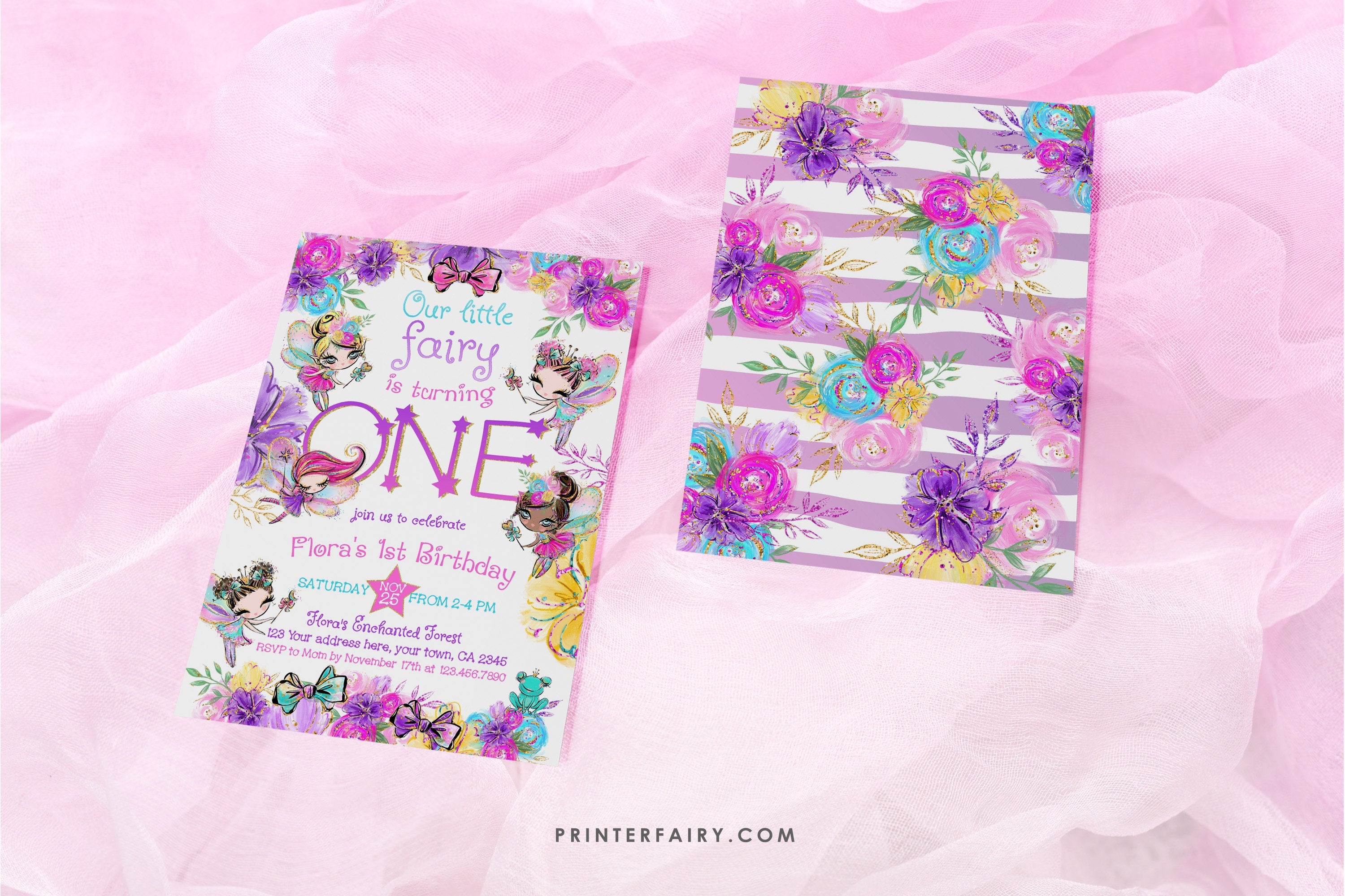 Fairy 1st Birthday Invitation, Editable Girl Invite (Instant Download)