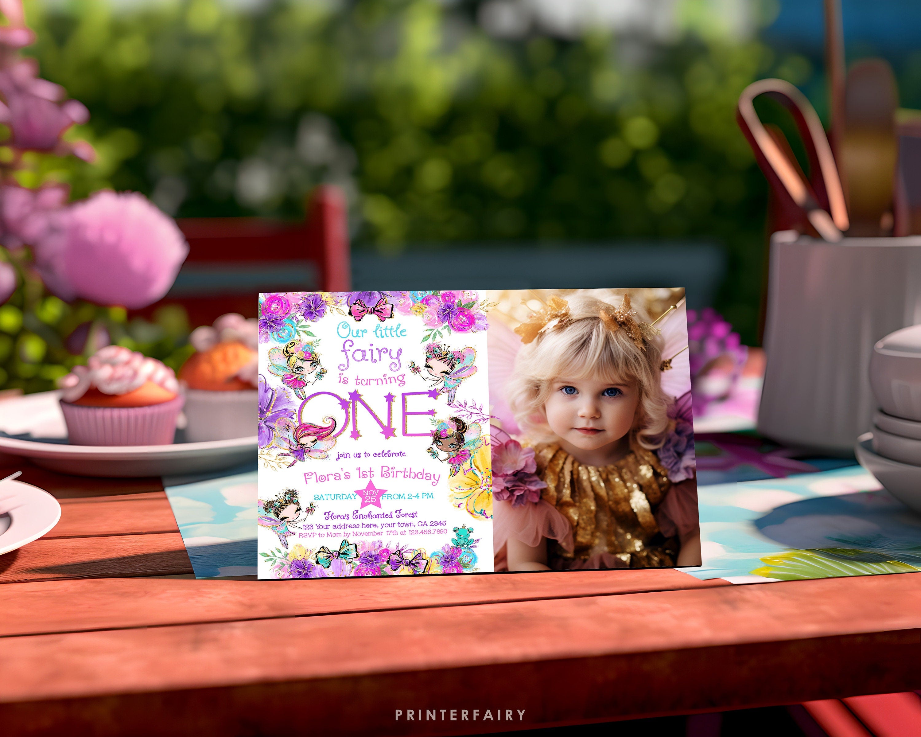 Fairy First Birthday Invitation with Photo, Editable Girl Invite (Digital Download)