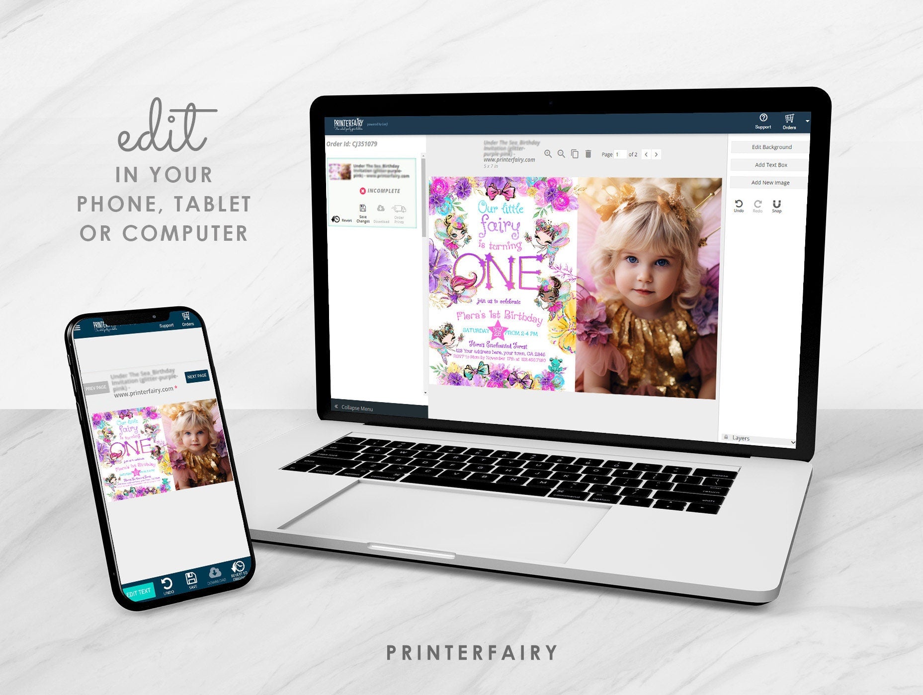 Fairy First Birthday Invitation with Photo, Editable Girl Invite (Digital Download)