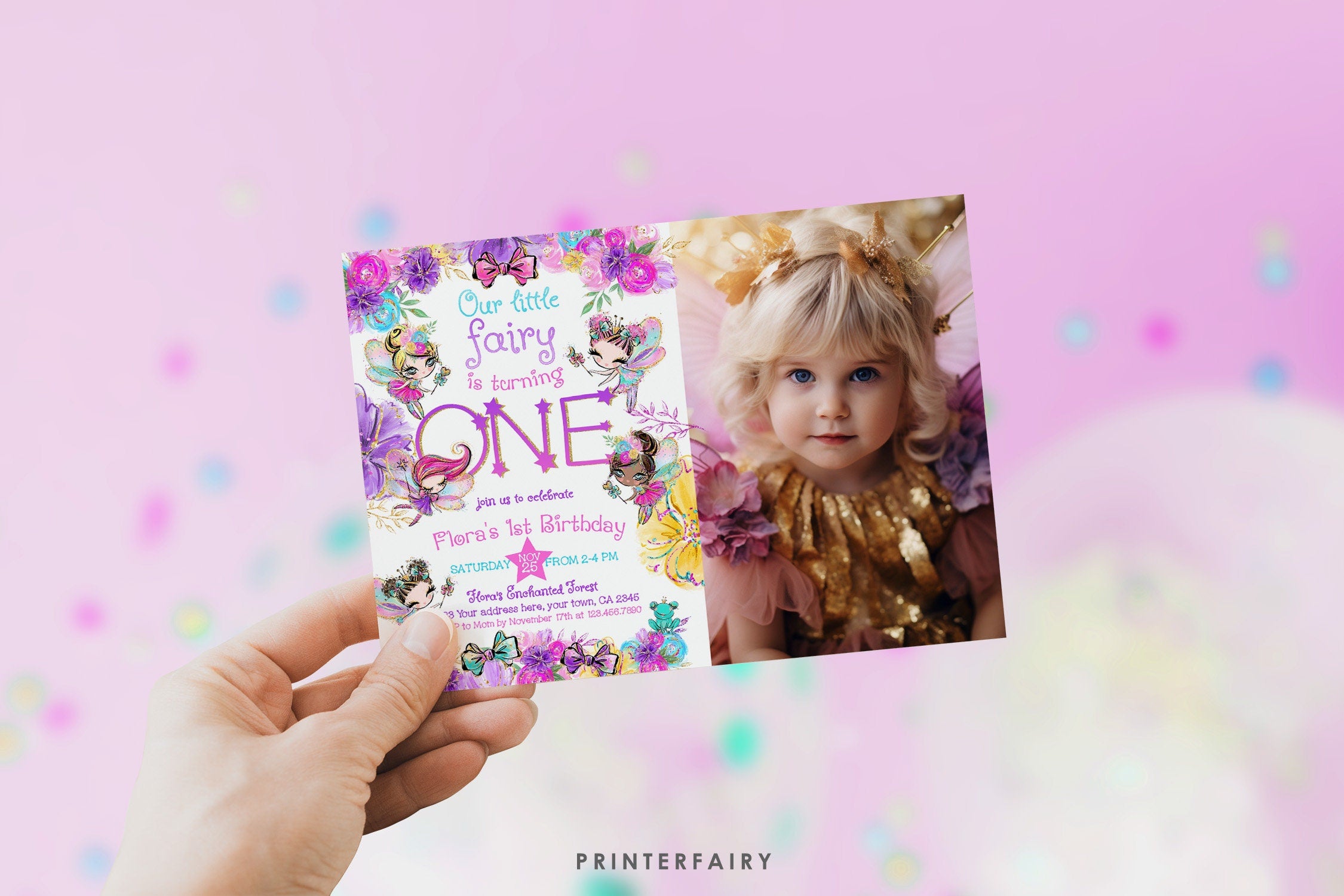 Fairy First Birthday Invitation with Photo, Editable Girl Invite (Digital Download)