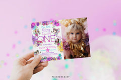 Fairy First Birthday Invitation with Photo, Editable Girl Invite (Digital Download)