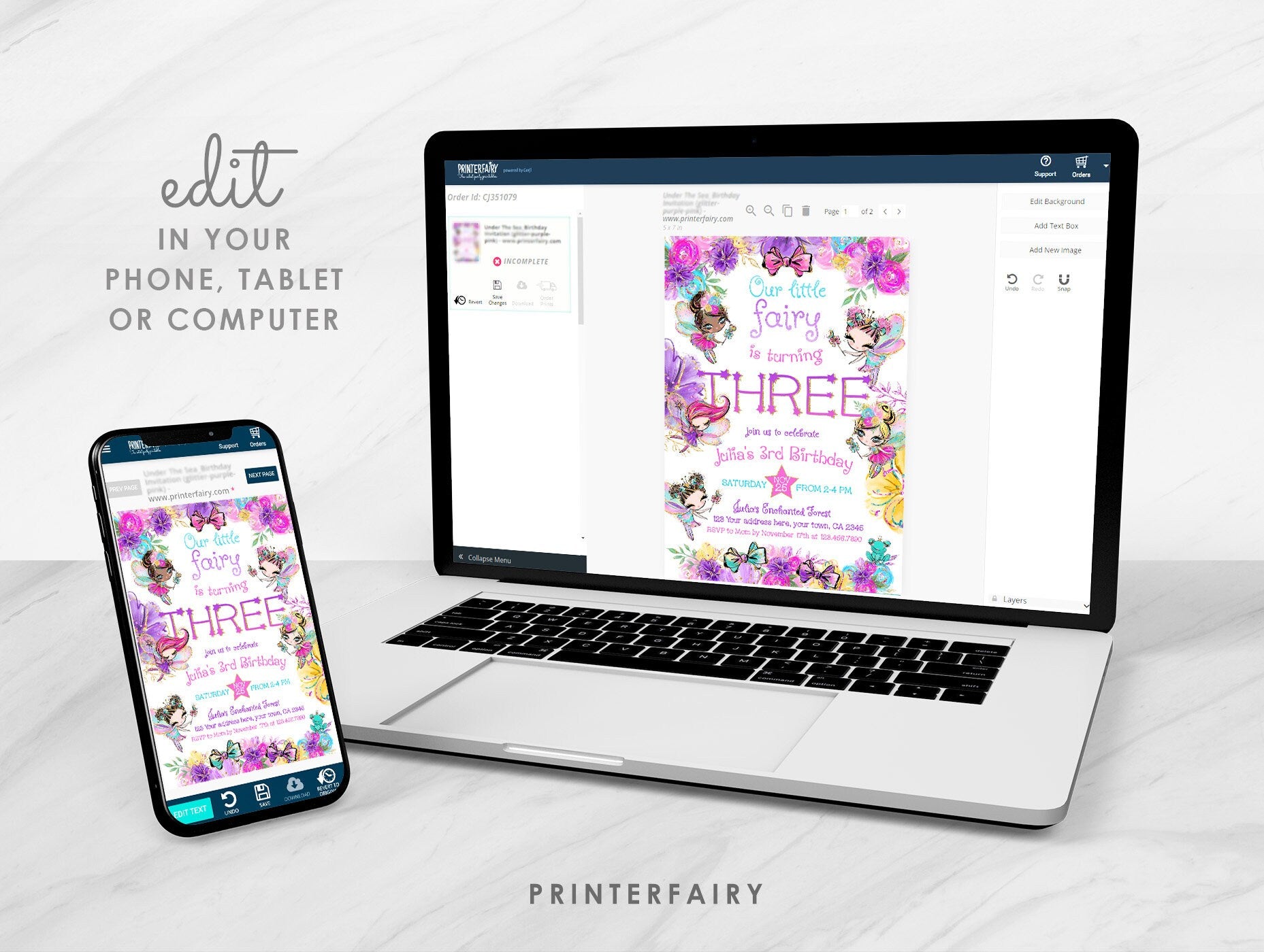 Fairy 3rd Birthday Invitation, Editable Girl Invite (Digital Download)