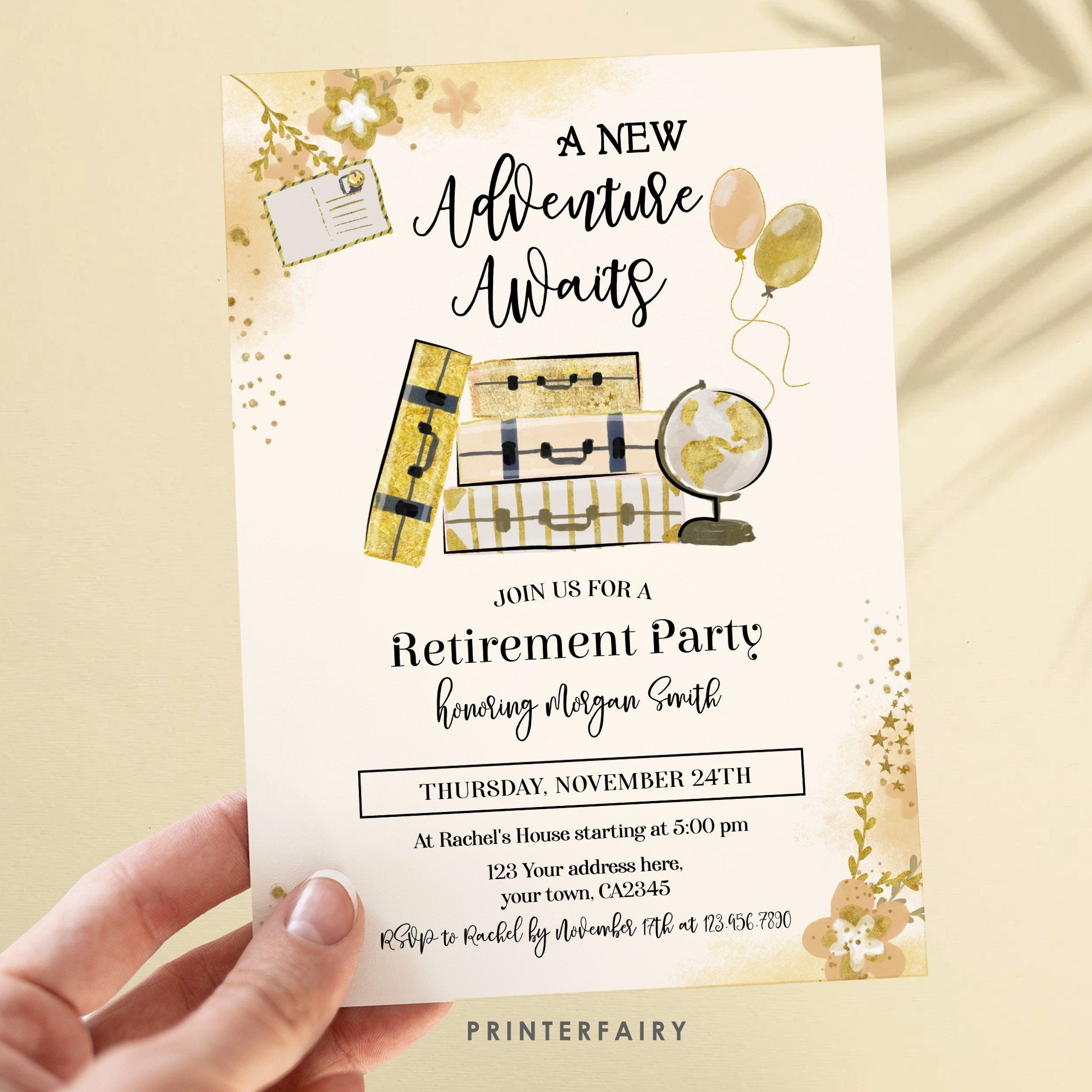 Retirement Party Invitation, "A New Adventure Awaits", Retire Invite Card, Instant Download, Editable  in Corjl