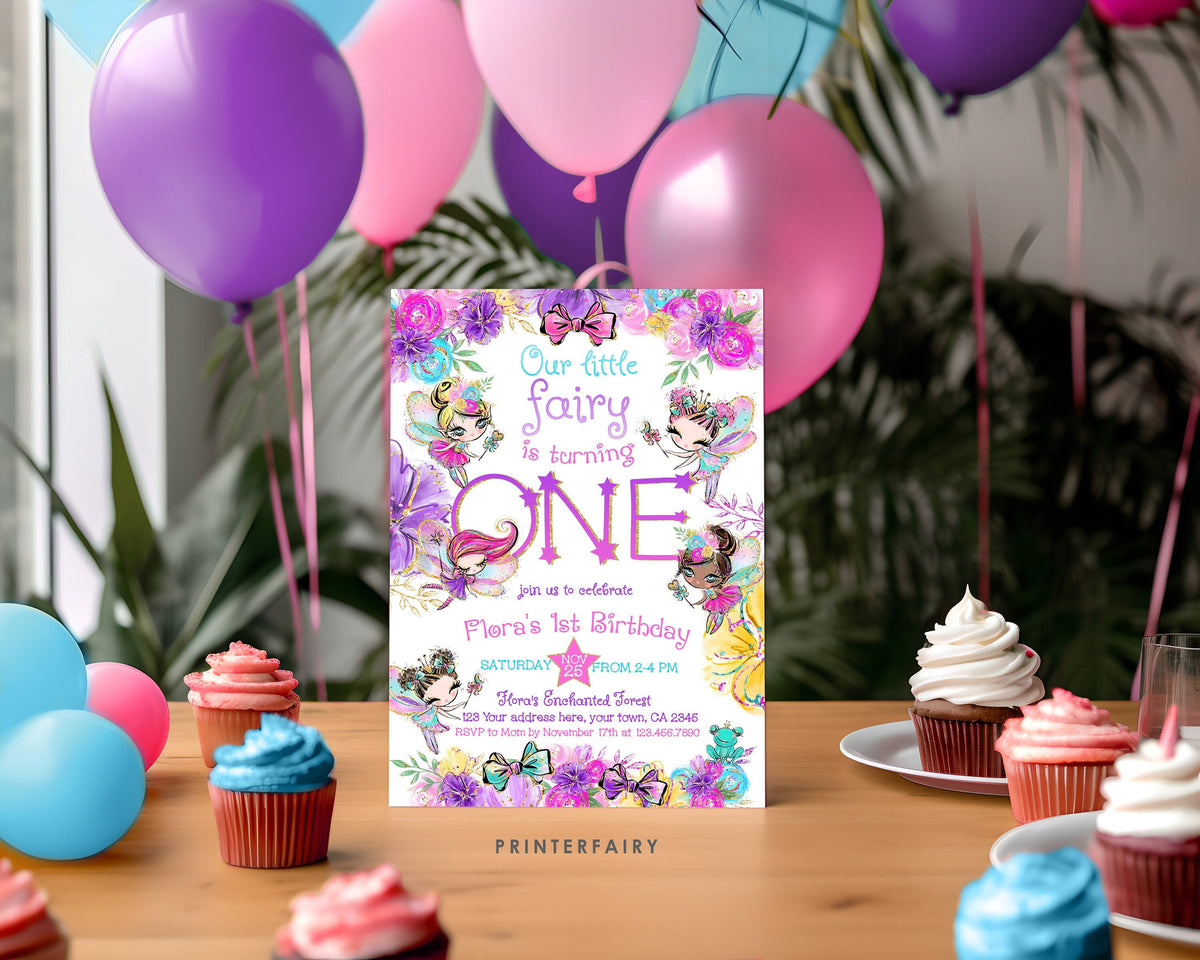 Fairy 1st Birthday Invitation, Editable Girl Invite (Instant Download)