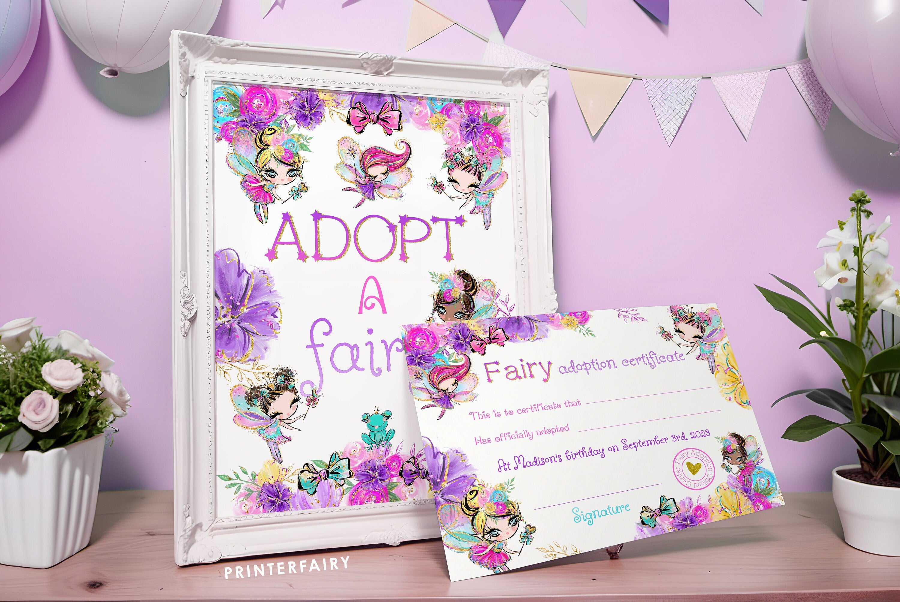 Fairy Adoption Certificate and Sign, Editable Birthday Party Game (Digital Download)