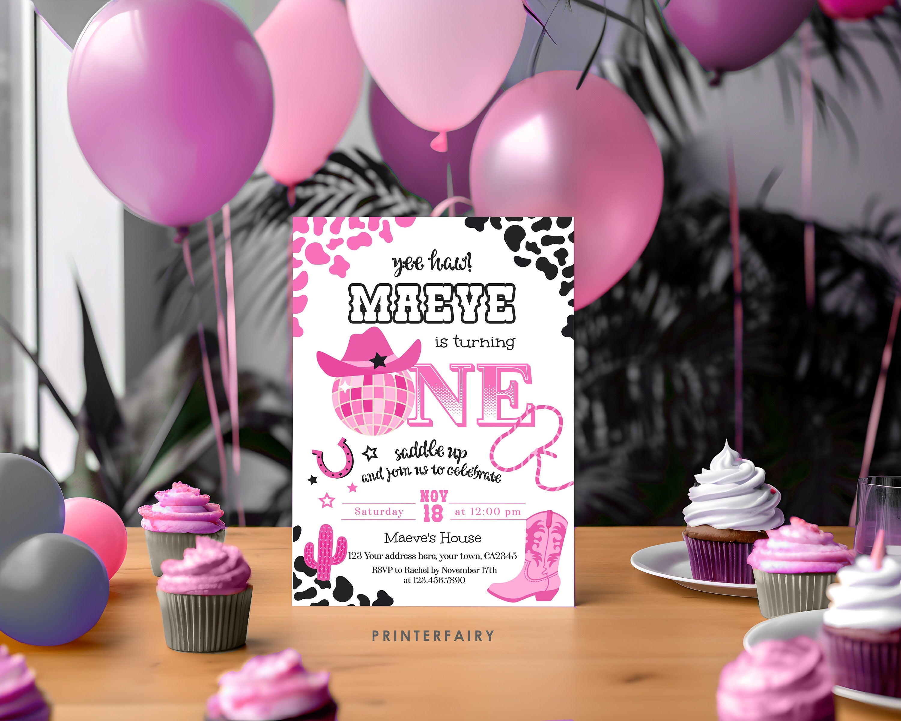 Disco Cowgirl 1st Birthday Invitation, Editable Party Invite (Digital Download)