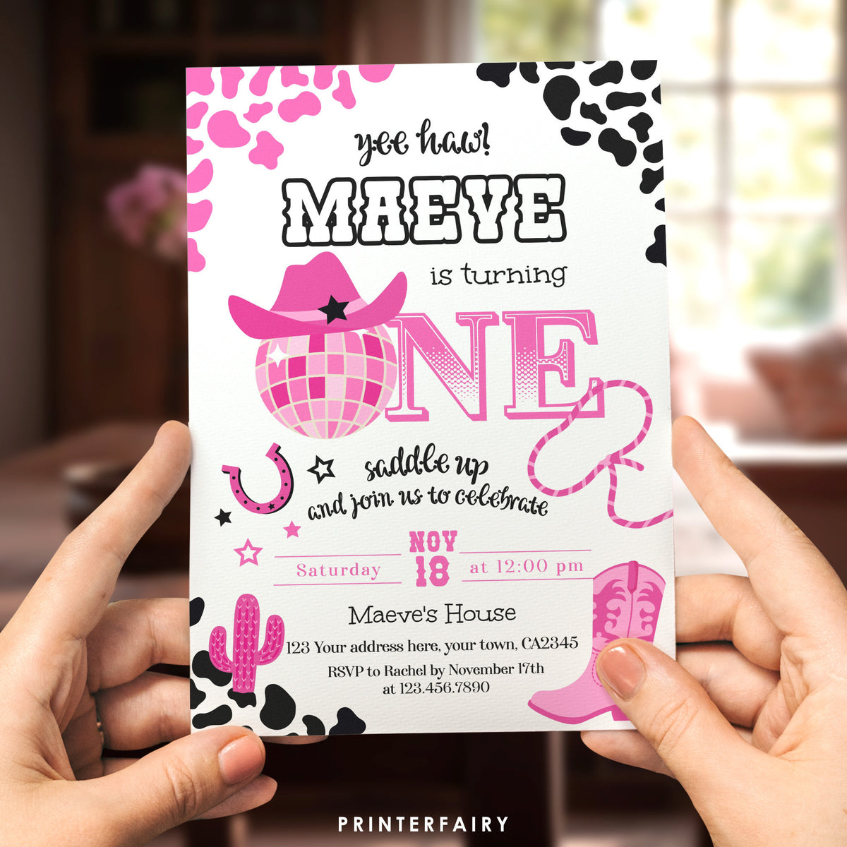 Disco Cowgirl 1st Birthday Invitation, Editable Party Invite (Digital Download)
