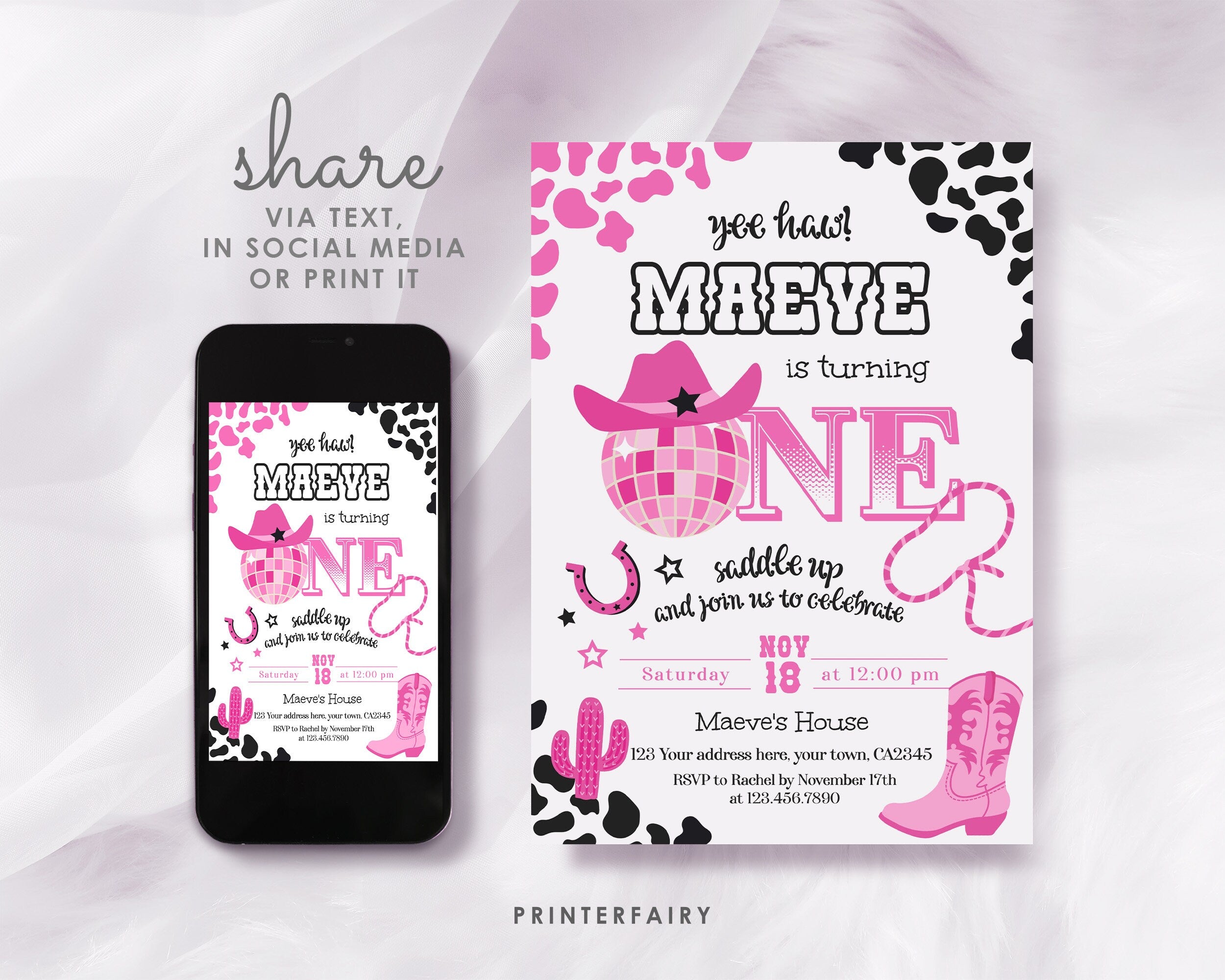 Disco Cowgirl 1st Birthday Invitation, Editable Party Invite (Digital Download)