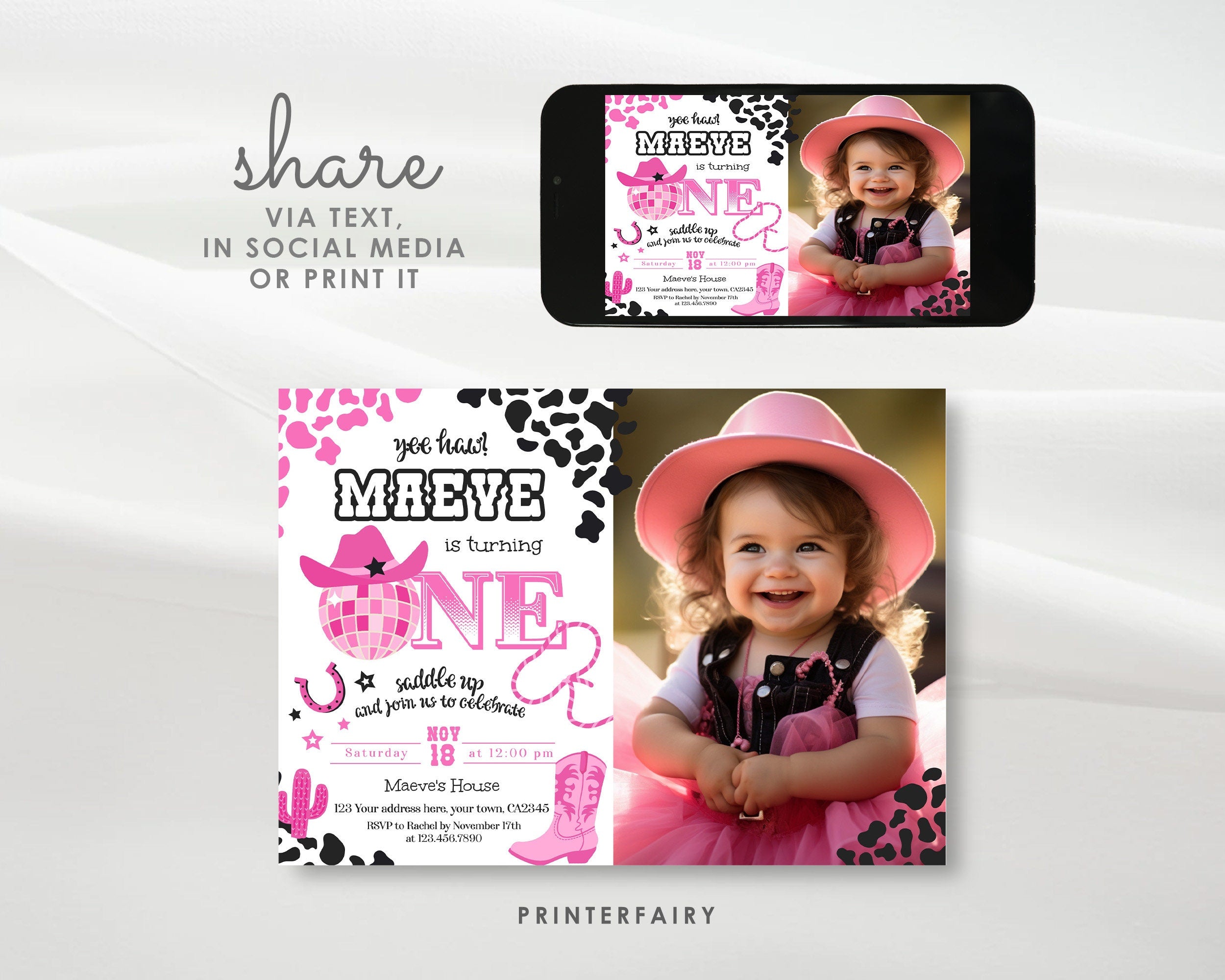 Disco Cowgirl 1st Birthday Photo Invitation, Editable Party Invite (Digital Download)