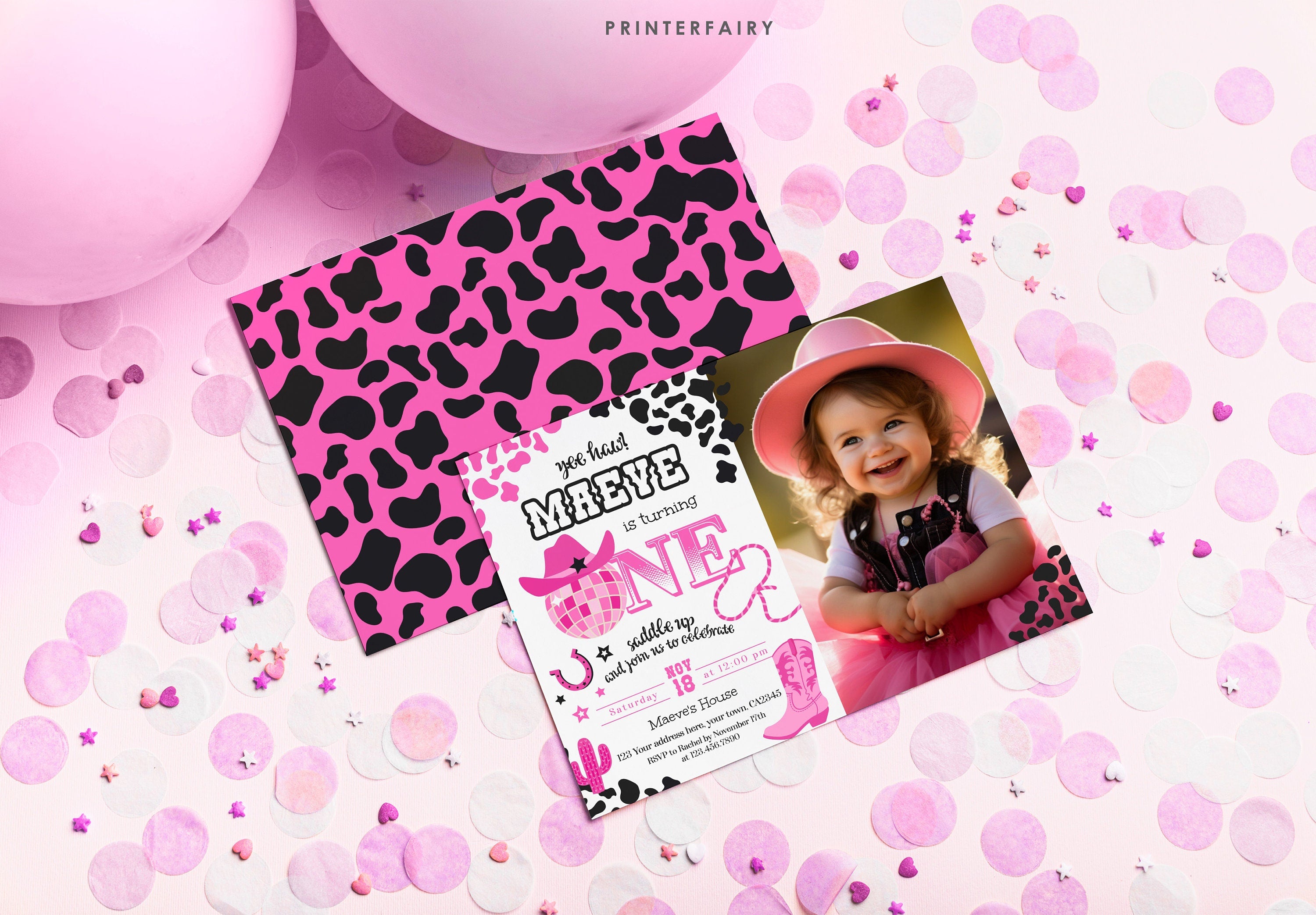 Disco Cowgirl 1st Birthday Photo Invitation, Editable Party Invite (Digital Download)