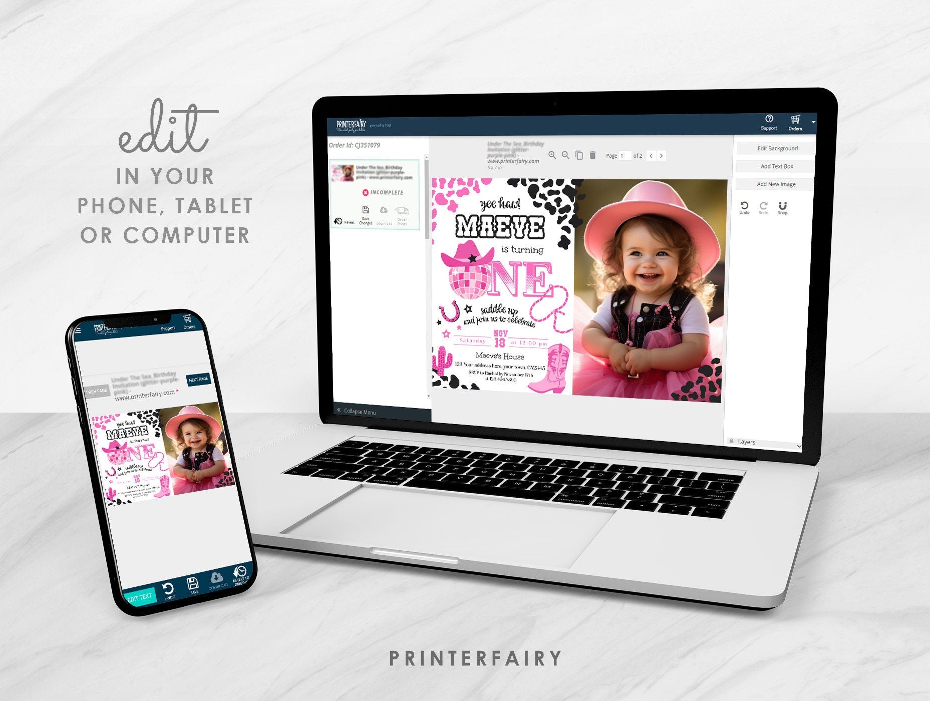 Disco Cowgirl 1st Birthday Photo Invitation, Editable Party Invite (Digital Download)