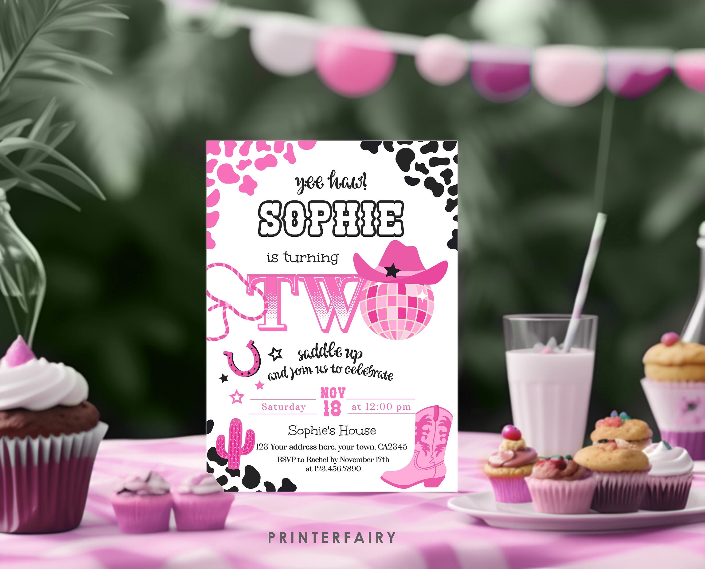 Disco Cowgirl 2nd Birthday Invitation, Editable Party Invite (Digital Download)