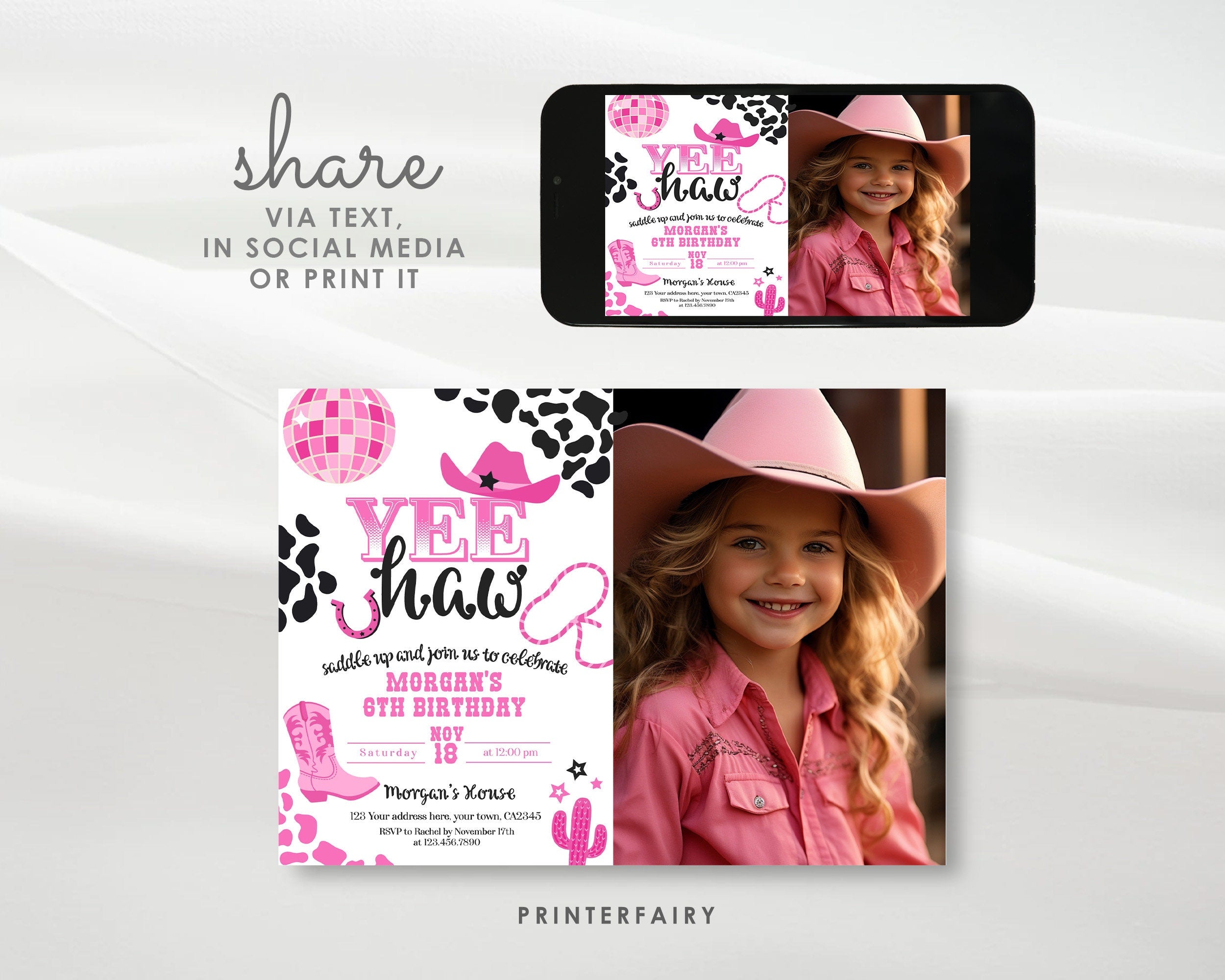 Editable Photo Disco Cowgirl Birthday Invitation (Digital)